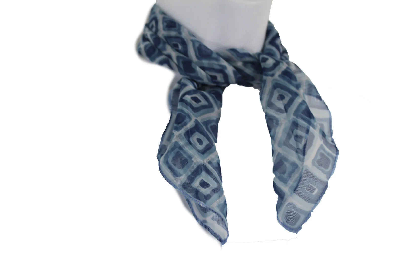 Blue Green Small Neck Scarf Fabric Geometric Square Print Pocket Accessories