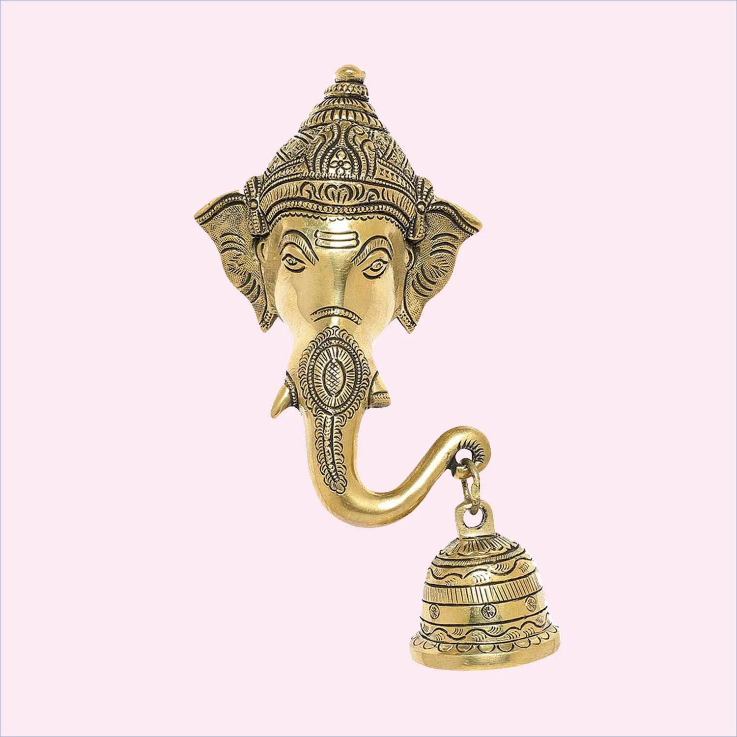 Brass Engraved Ganesha Mask with Bell 6 in