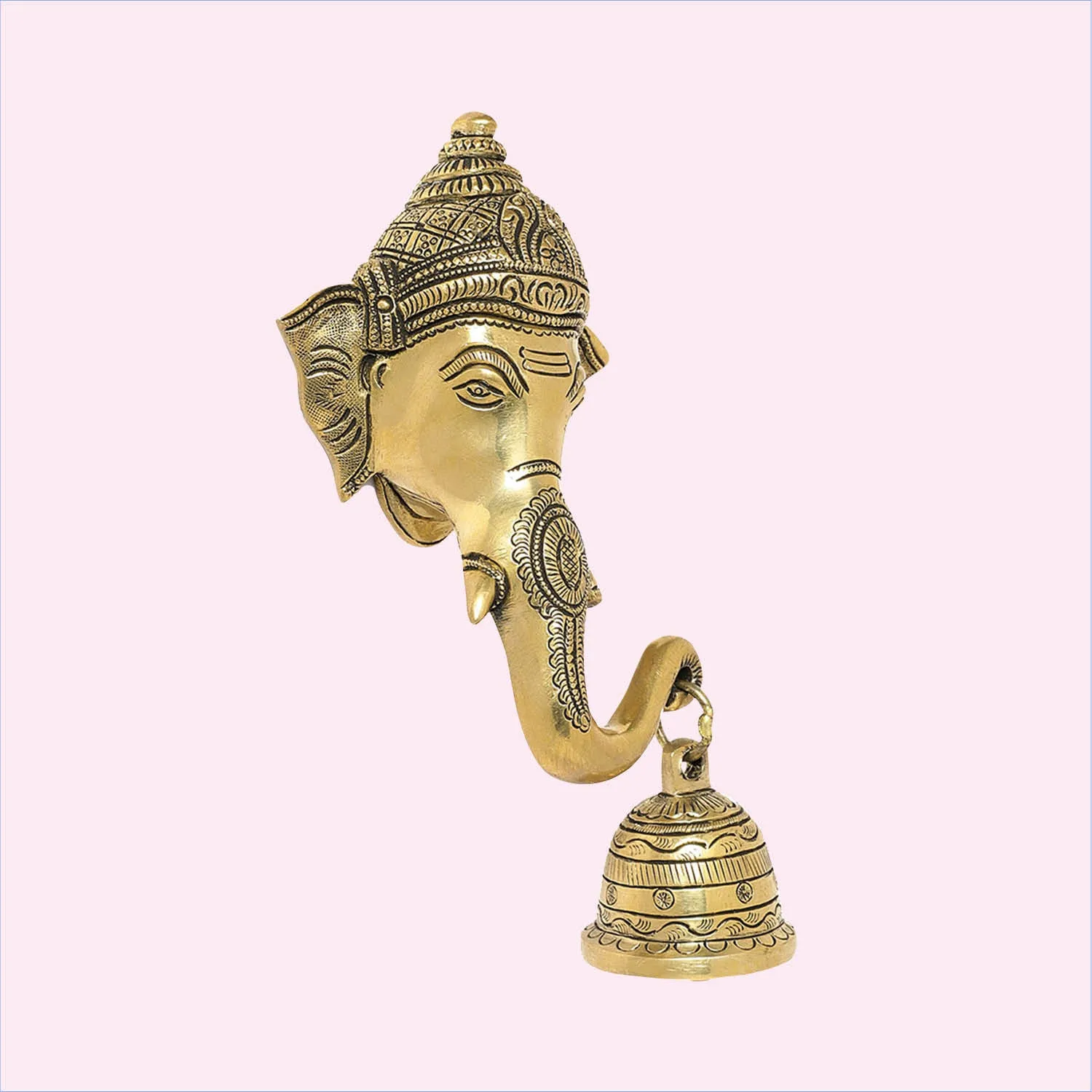 Brass Engraved Ganesha Mask with Bell 6 in