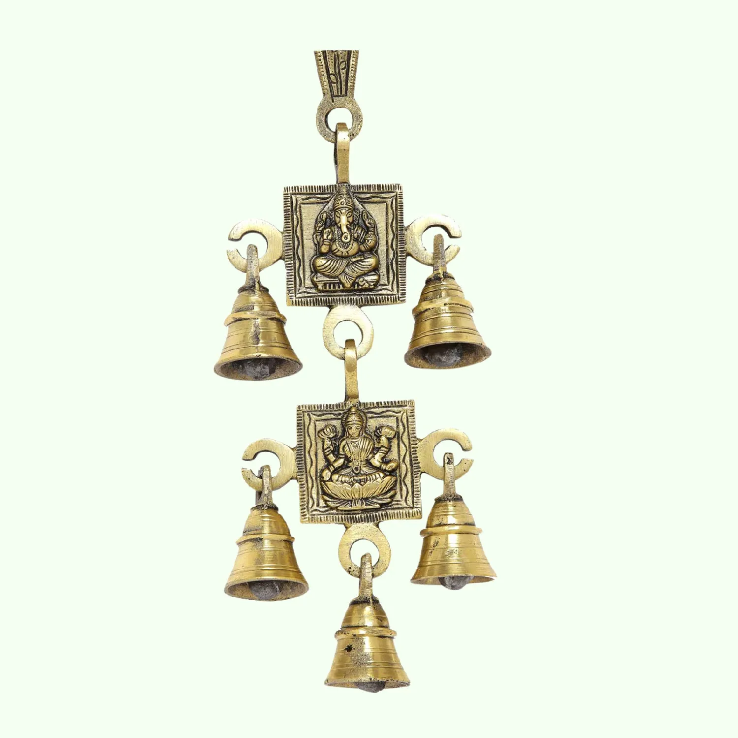 Brass Ganesha & Laxmi Temple Bell Wall Hanging with 5 Bells