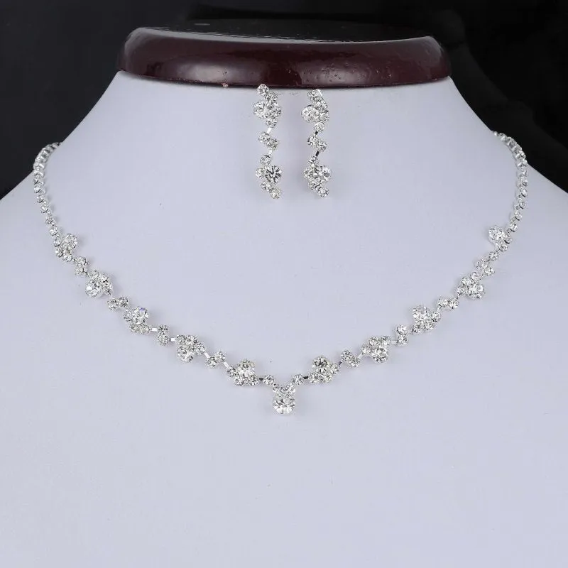 Bridal Rhinestone Silver Tone Tennis Choker Necklace and Earrings Jewellery Set