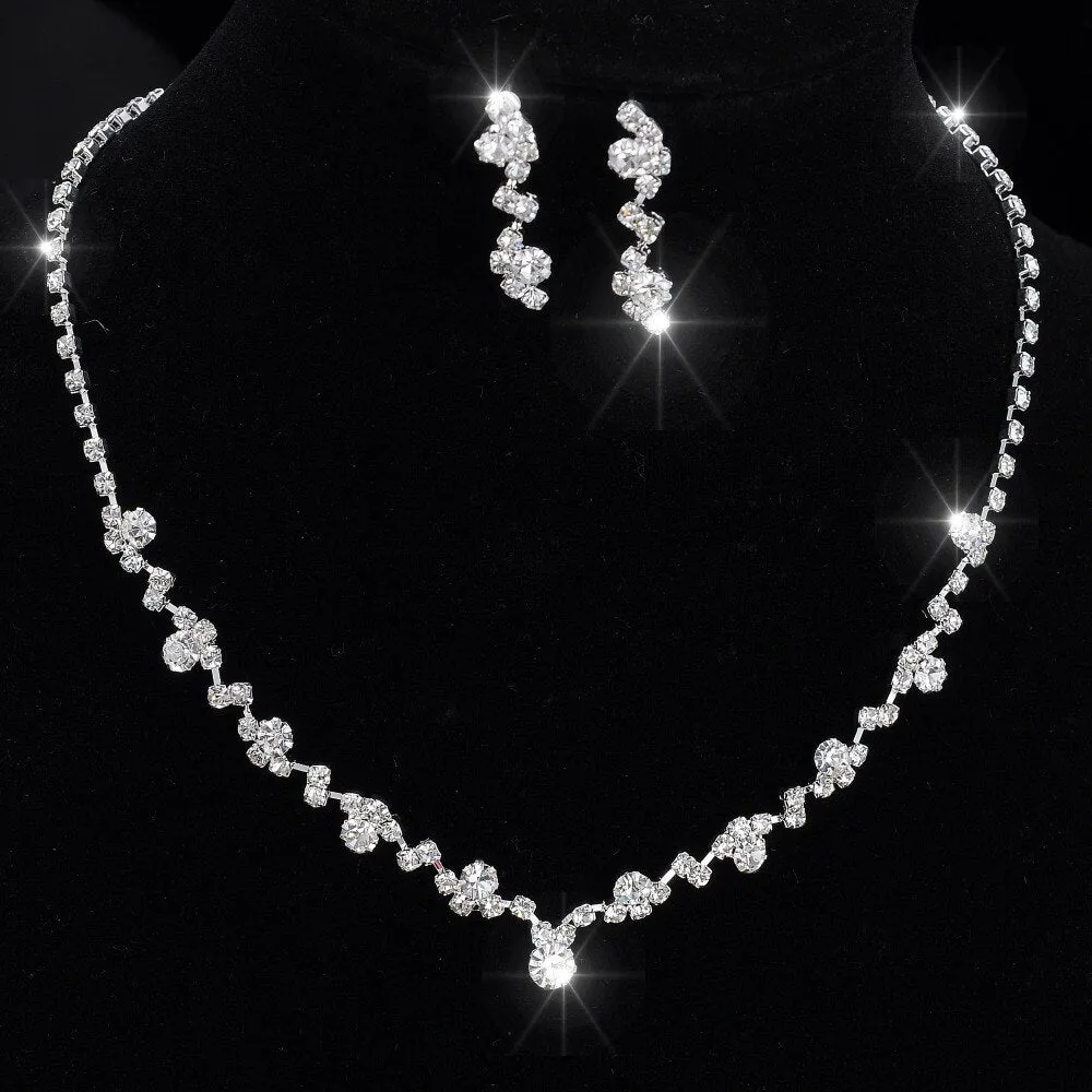 Bridal Rhinestone Silver Tone Tennis Choker Necklace and Earrings Jewellery Set