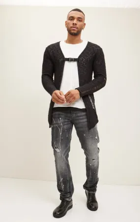 Buckled Long Cardigan - Black White