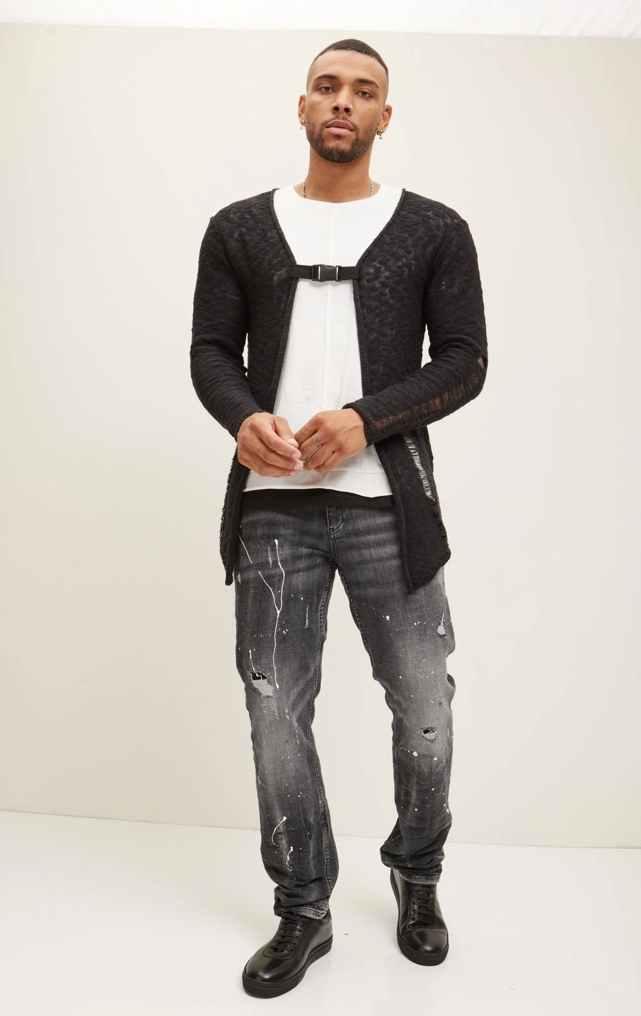 Buckled Long Cardigan - Black White