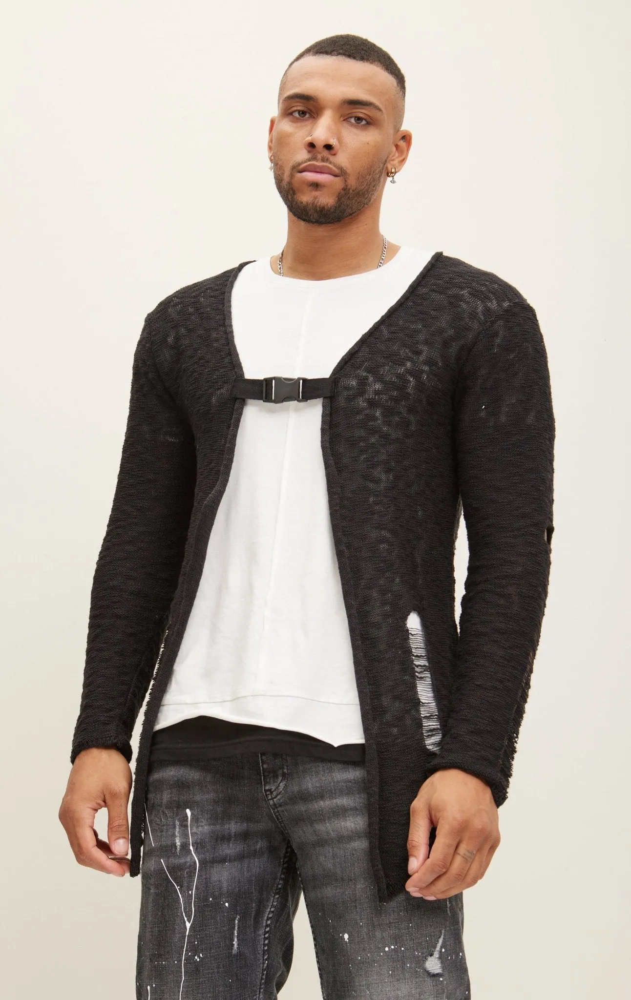 Buckled Long Cardigan - Black White