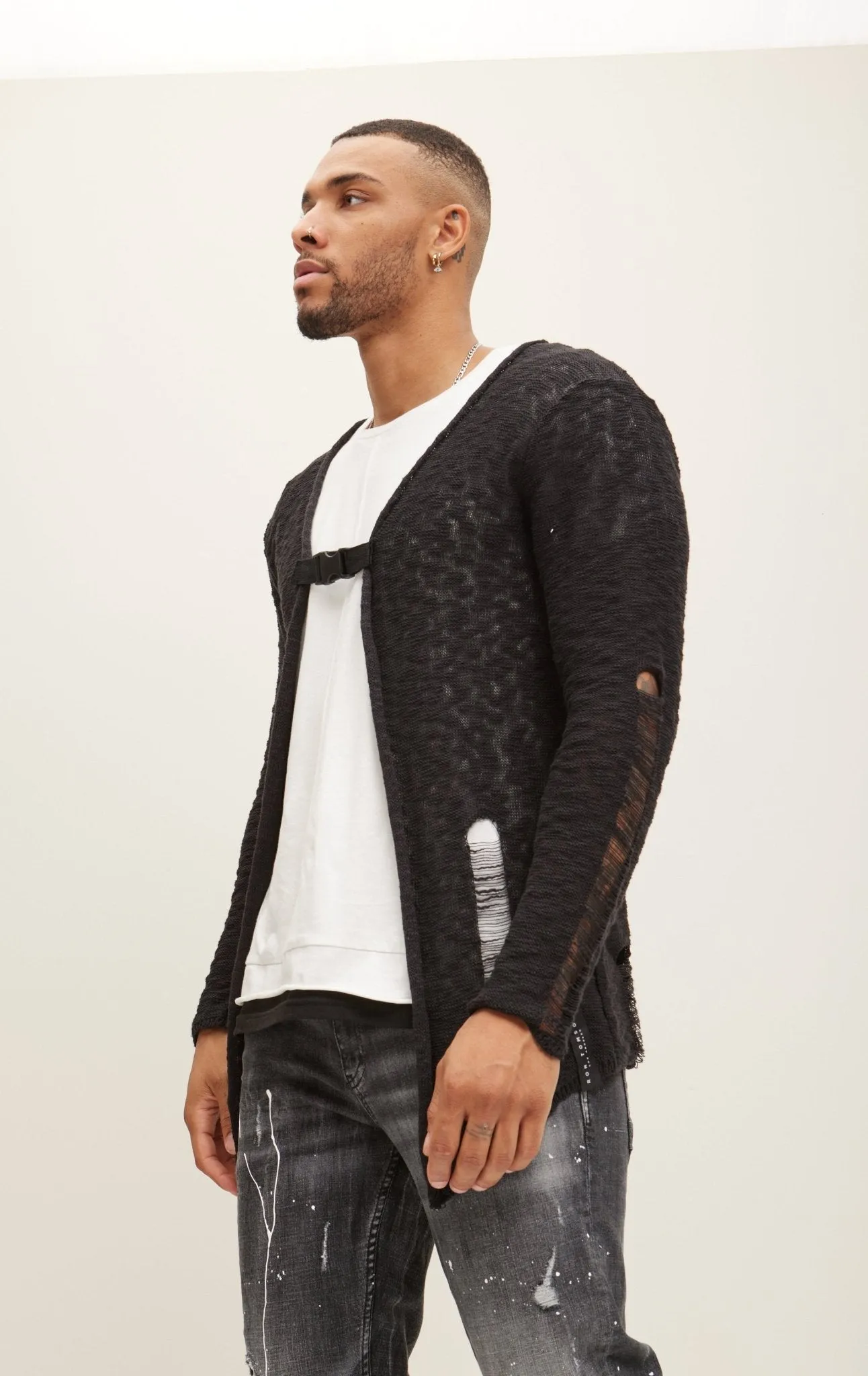 Buckled Long Cardigan - Black White