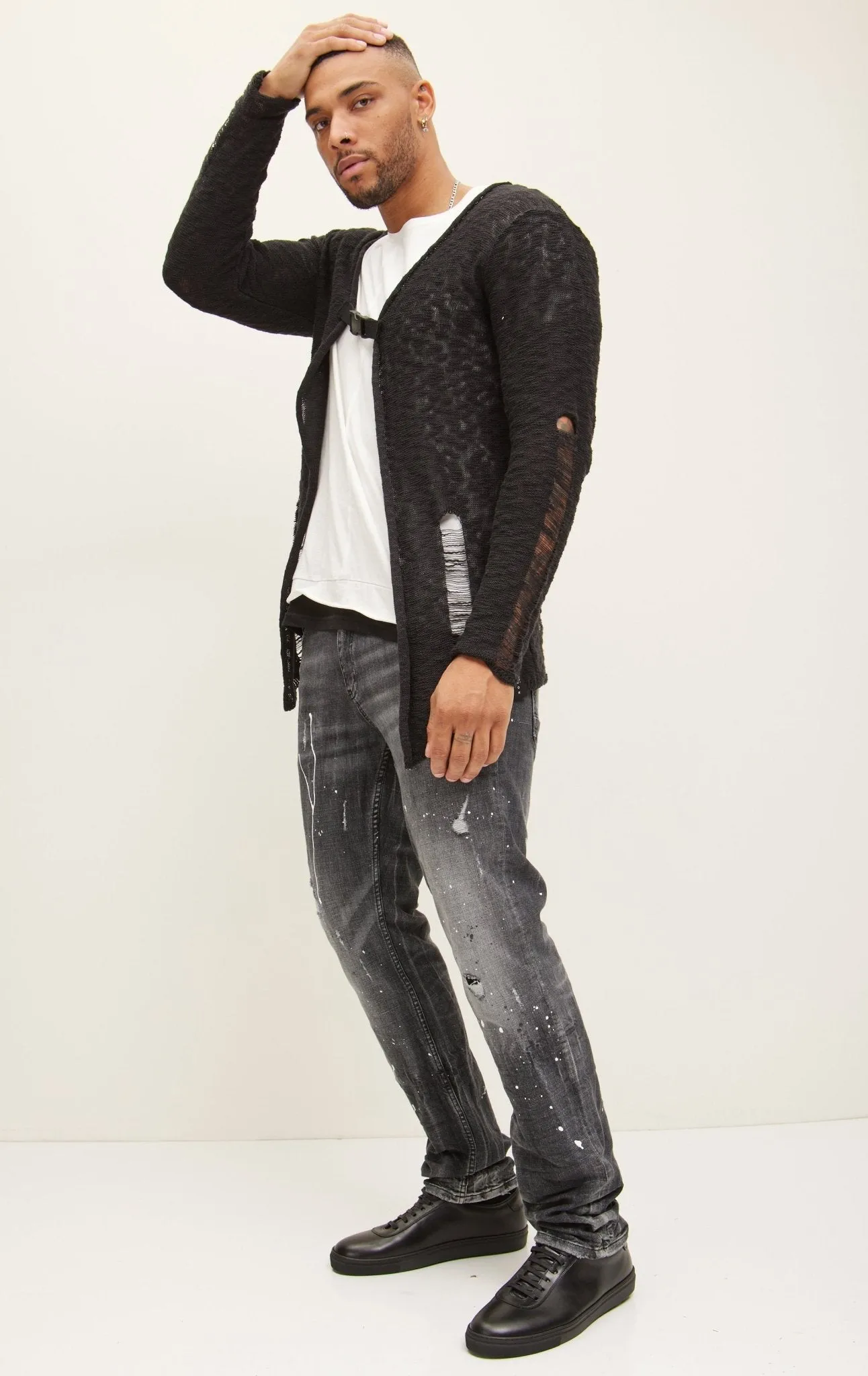 Buckled Long Cardigan - Black White