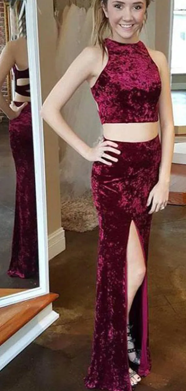 Burgundy Velvet Two Piece Open Back Sheath Prom Dresses,PD00335