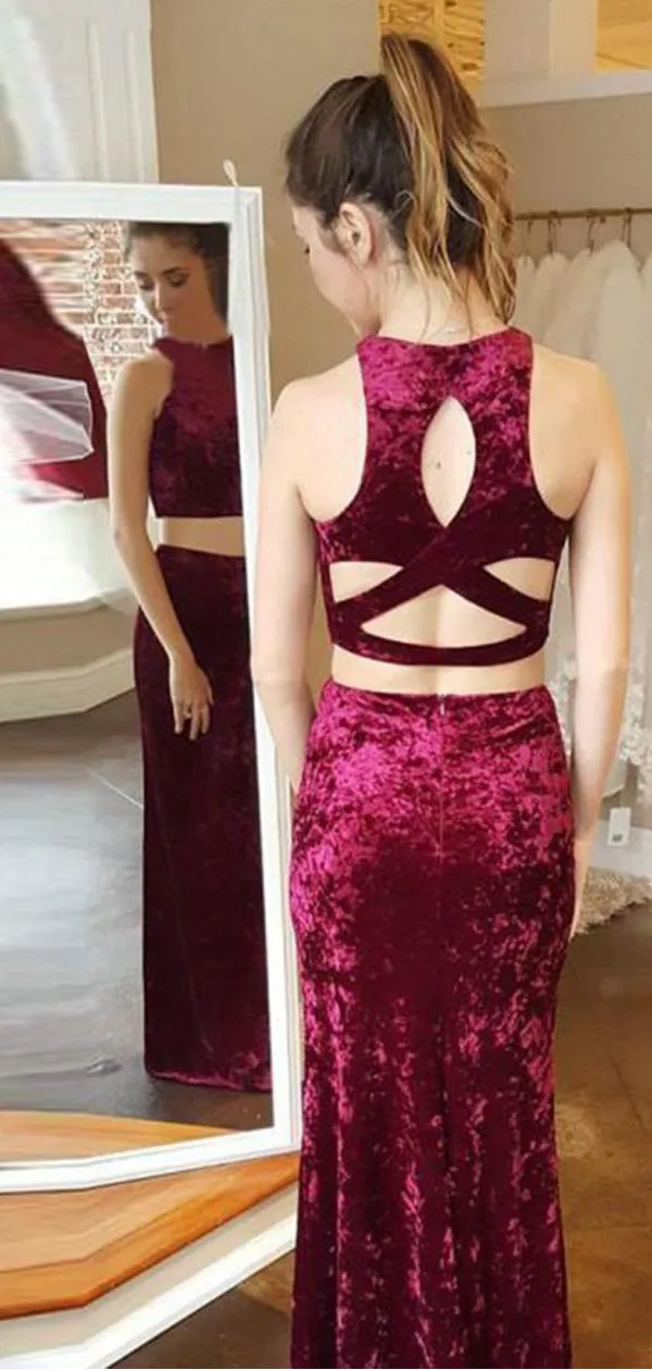 Burgundy Velvet Two Piece Open Back Sheath Prom Dresses,PD00335