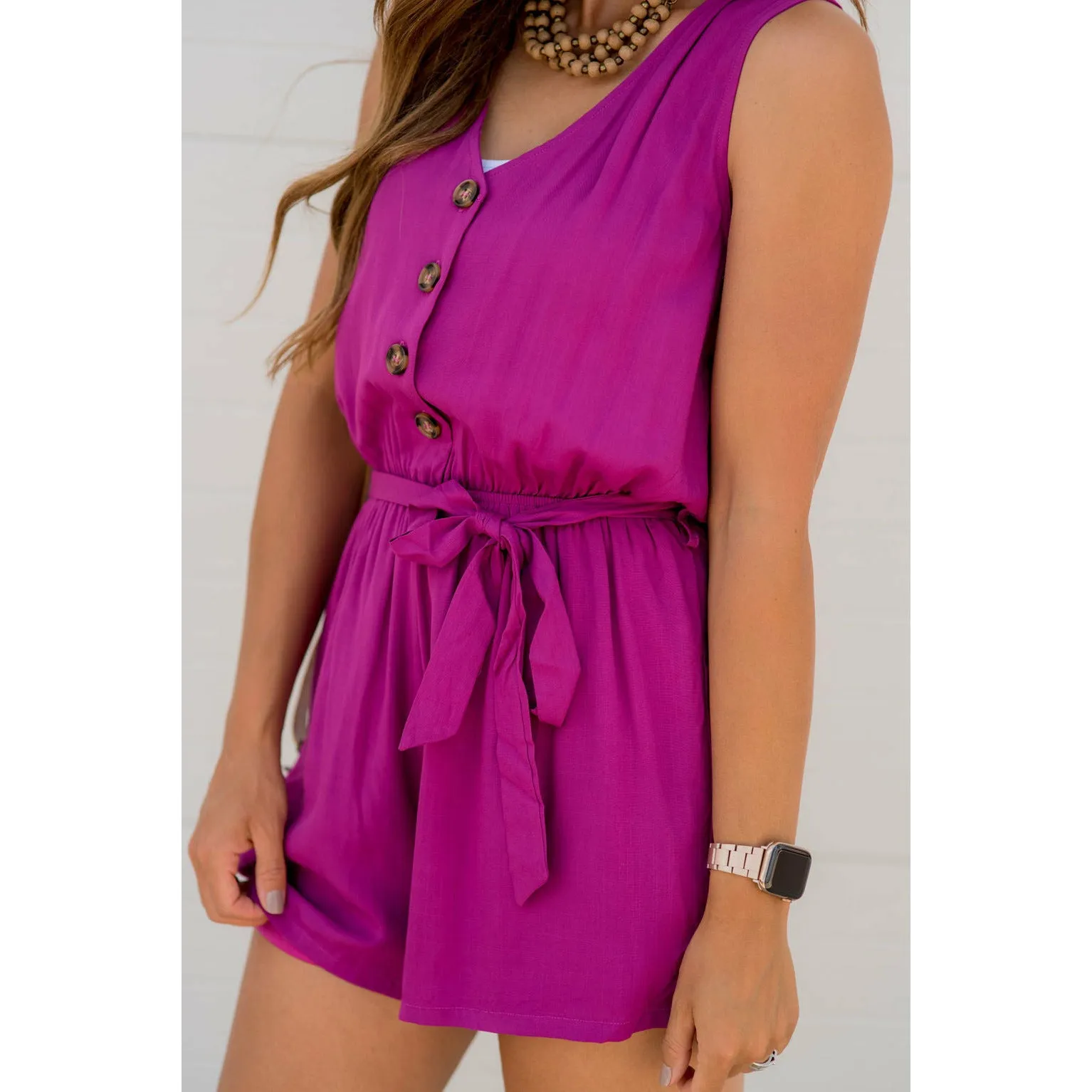 Button Up Tie Waist Romper