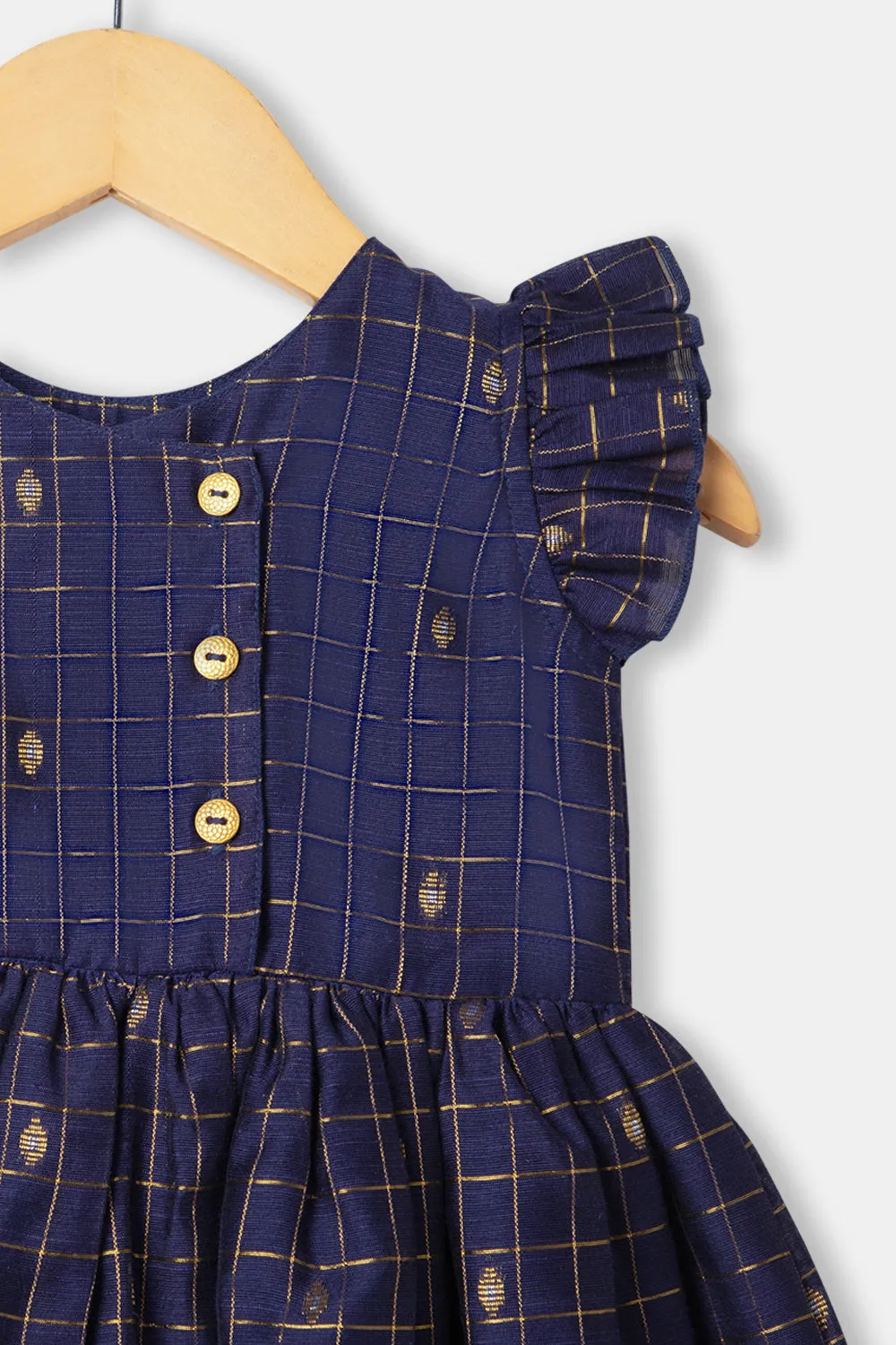 Chittythalli Raw Silk Girls Toddler Frock with Gold Button Embellishments and Zari Butta Fabric - Blue - FR29