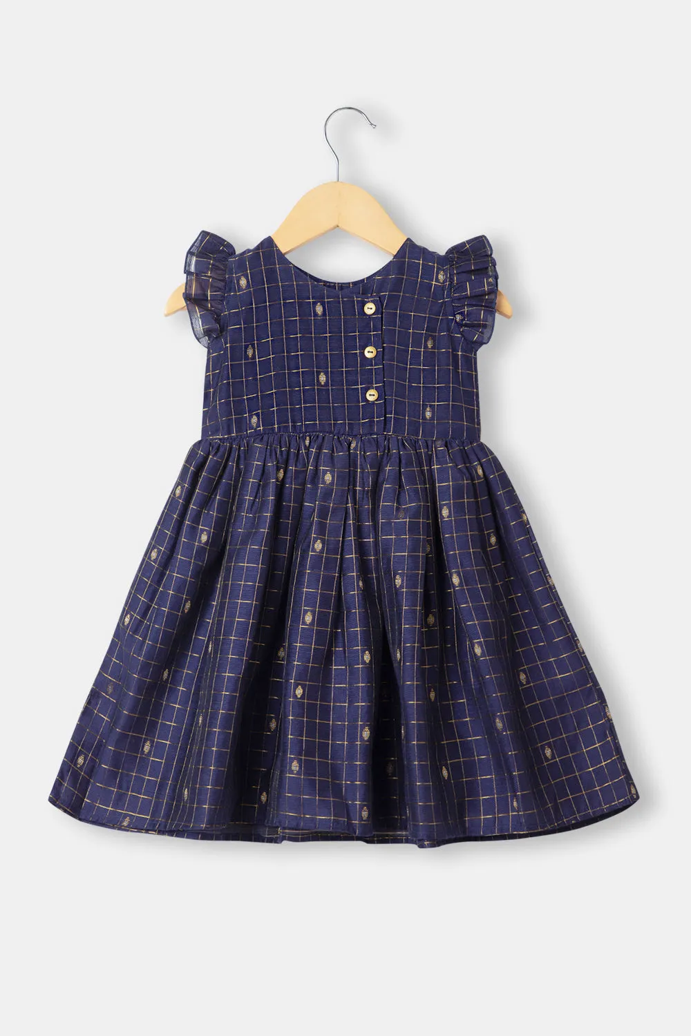 Chittythalli Raw Silk Girls Toddler Frock with Gold Button Embellishments and Zari Butta Fabric - Blue - FR29