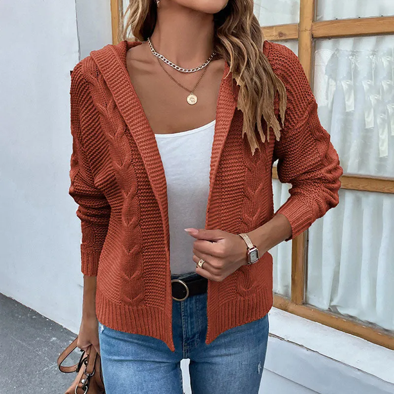 Classic Chunky Cable Knit Long Sleeve Open Front Hooded Cardigan