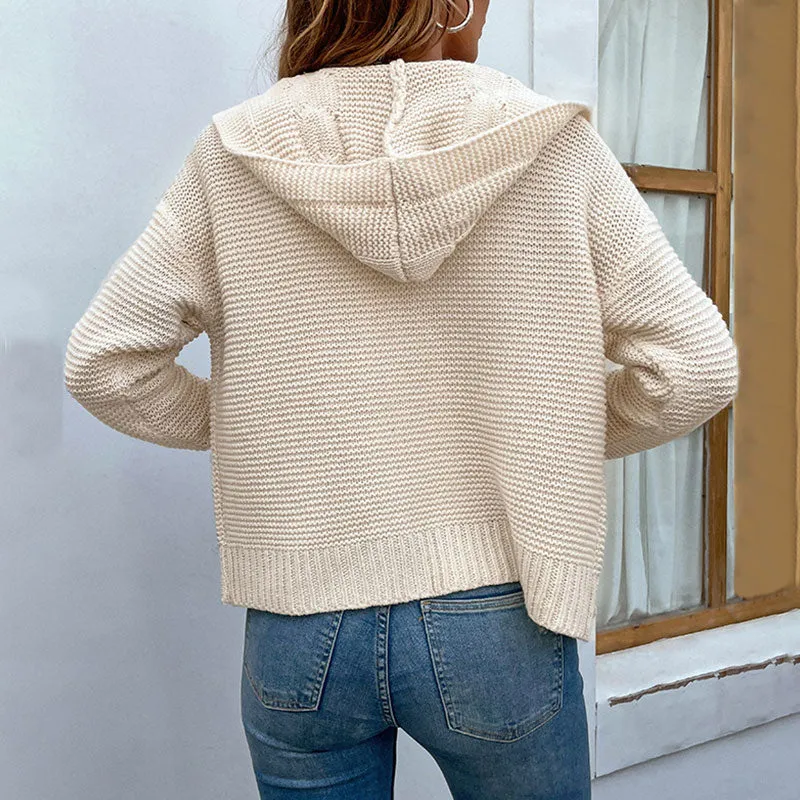 Classic Chunky Cable Knit Long Sleeve Open Front Hooded Cardigan