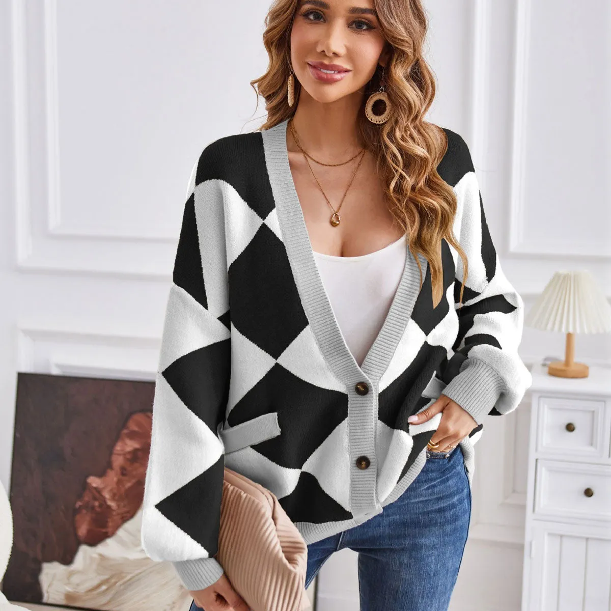 College Deep V Neck Button Front Bishop Sleeve Rhombus Oversized Knit Cardigan