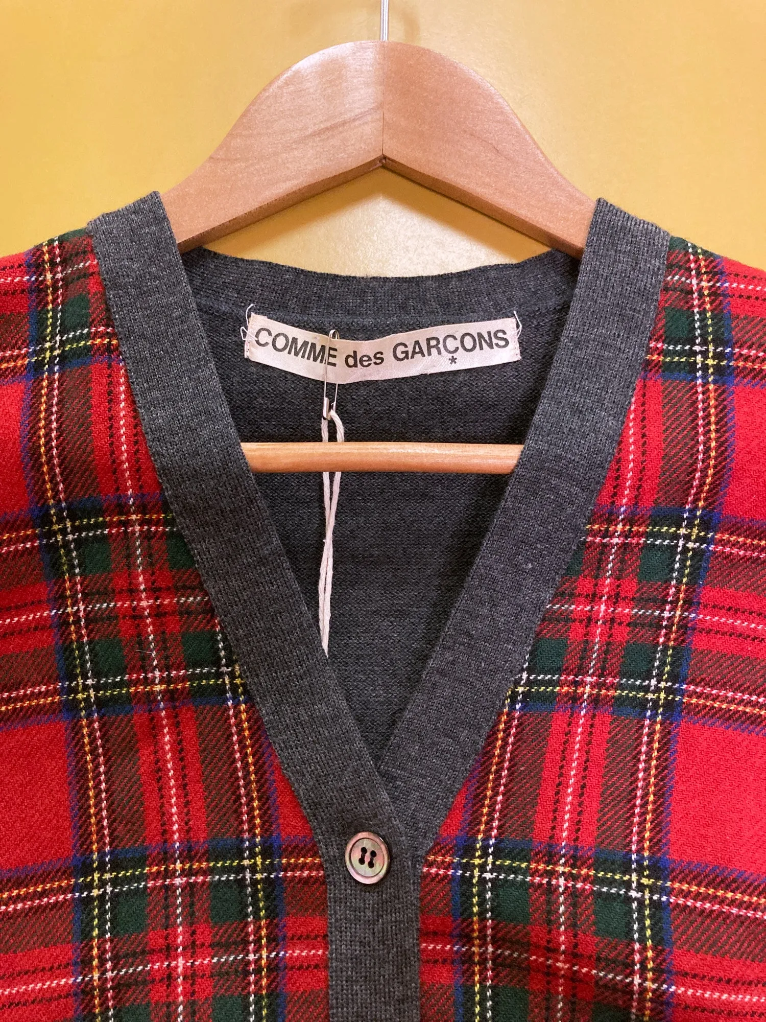 Comme des Garcons 1980s grey wool cardigan with red tartan front