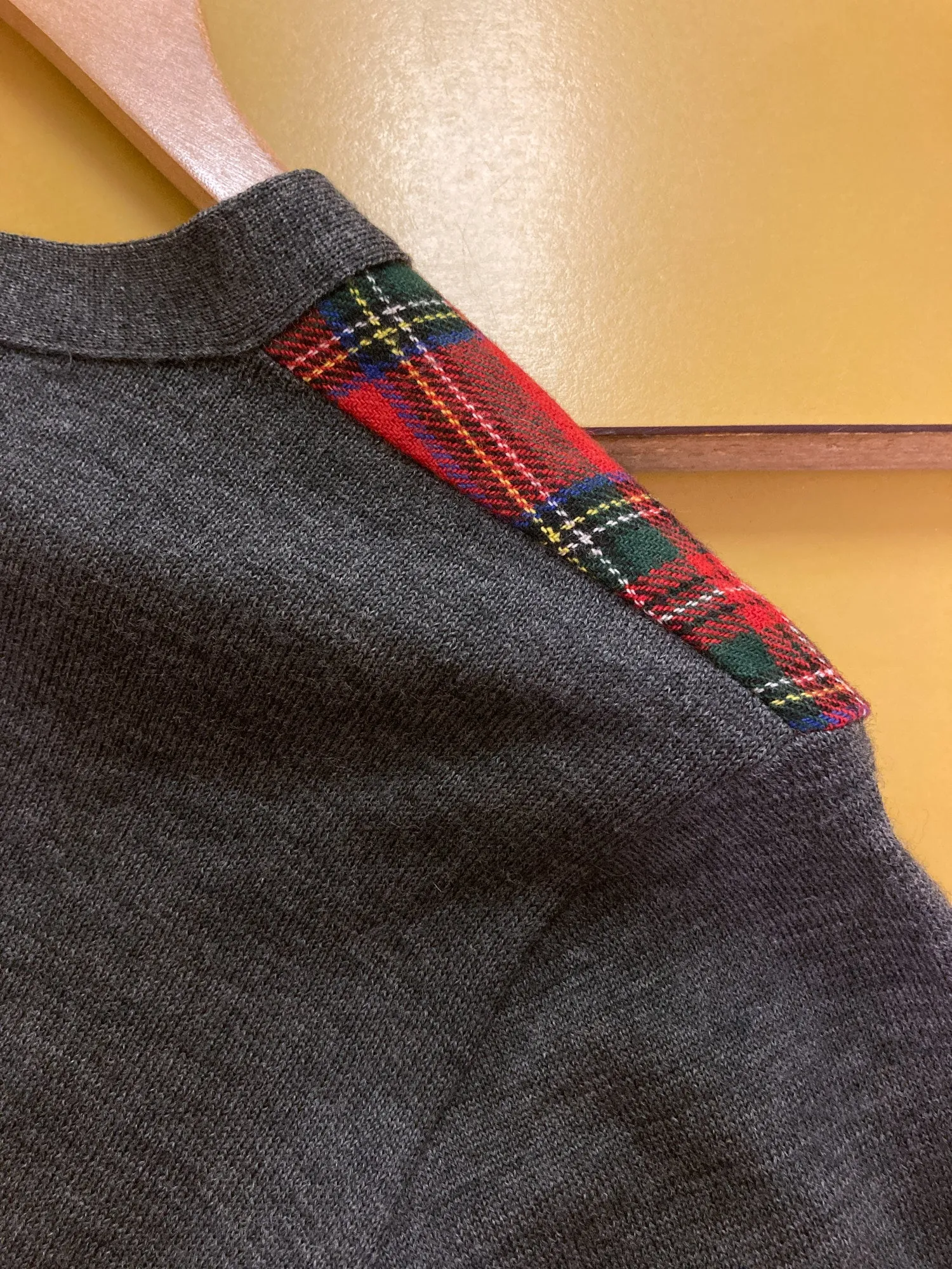 Comme des Garcons 1980s grey wool cardigan with red tartan front