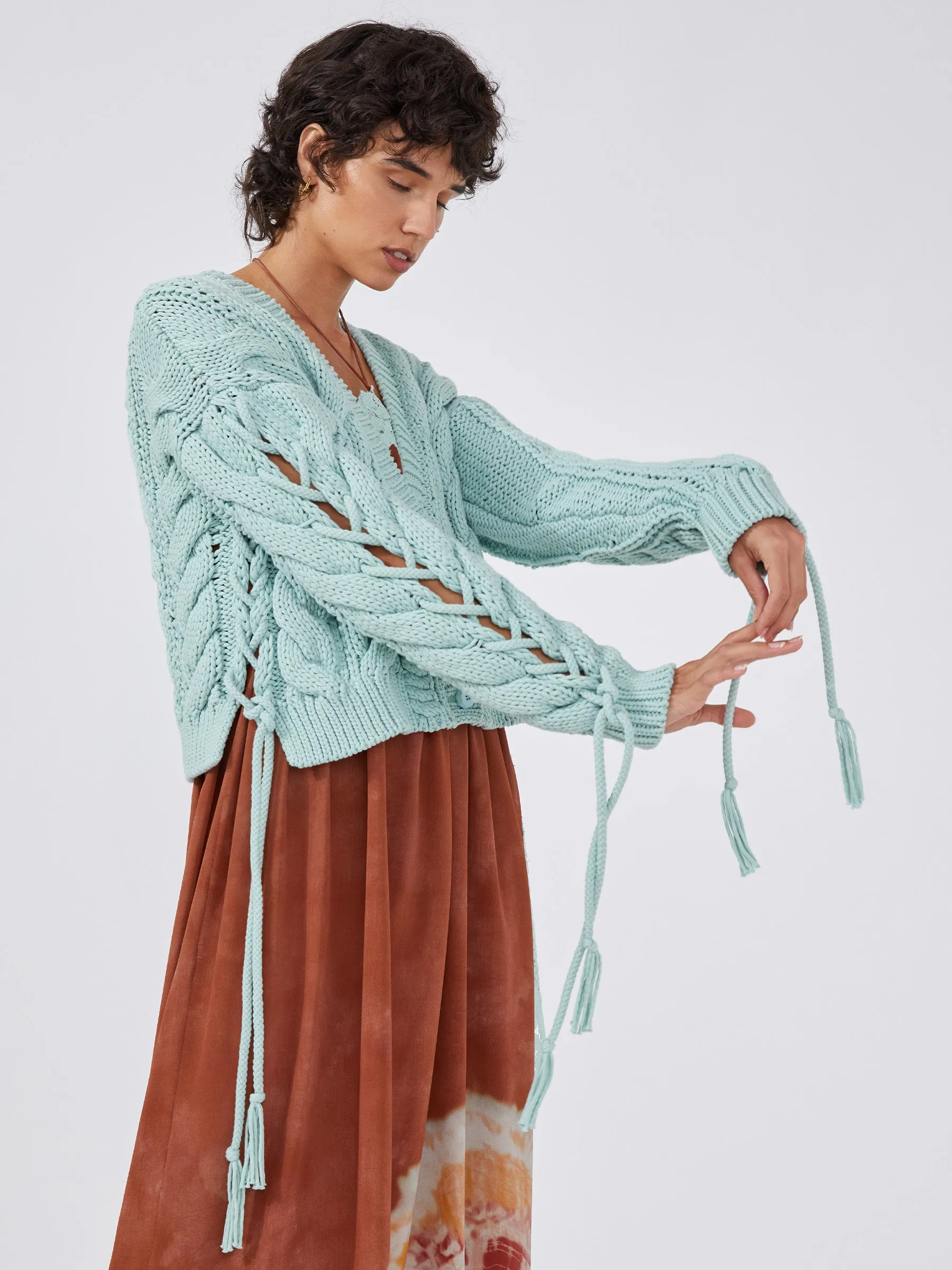 Cotton Lace Up Cardigan Celeste