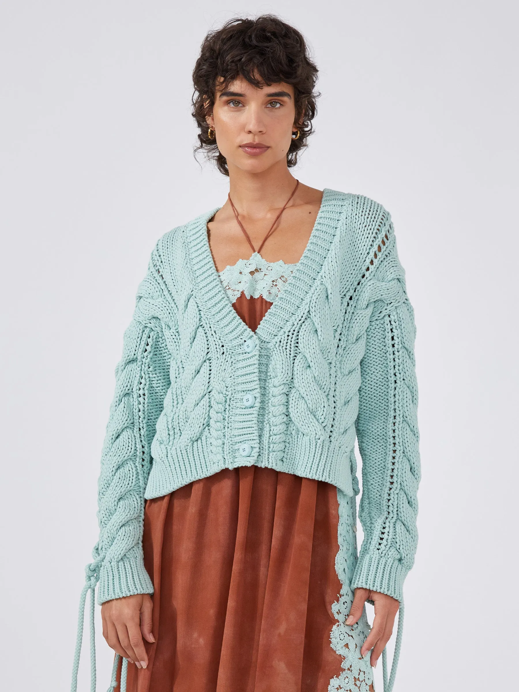 Cotton Lace Up Cardigan Celeste