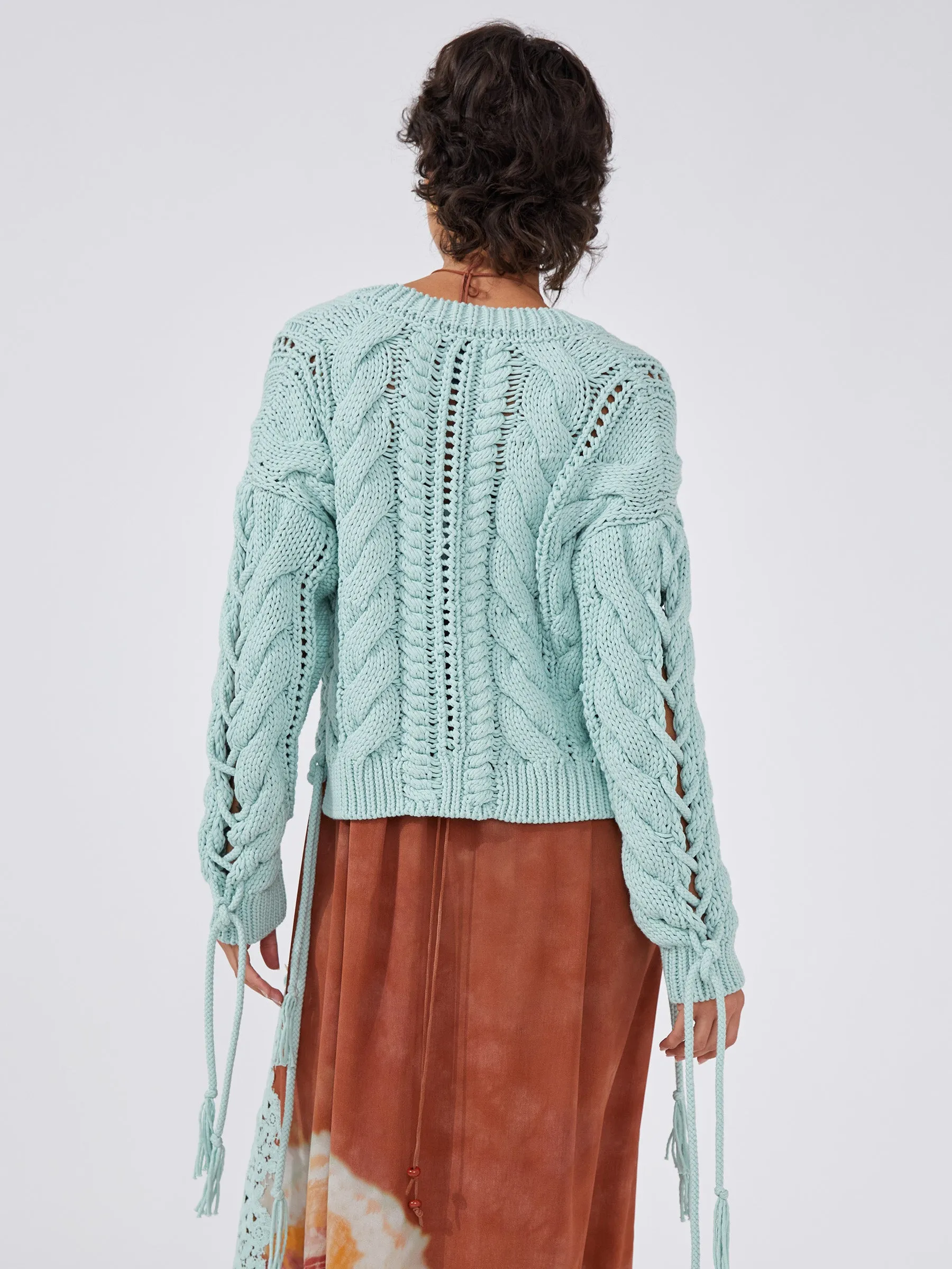 Cotton Lace Up Cardigan Celeste