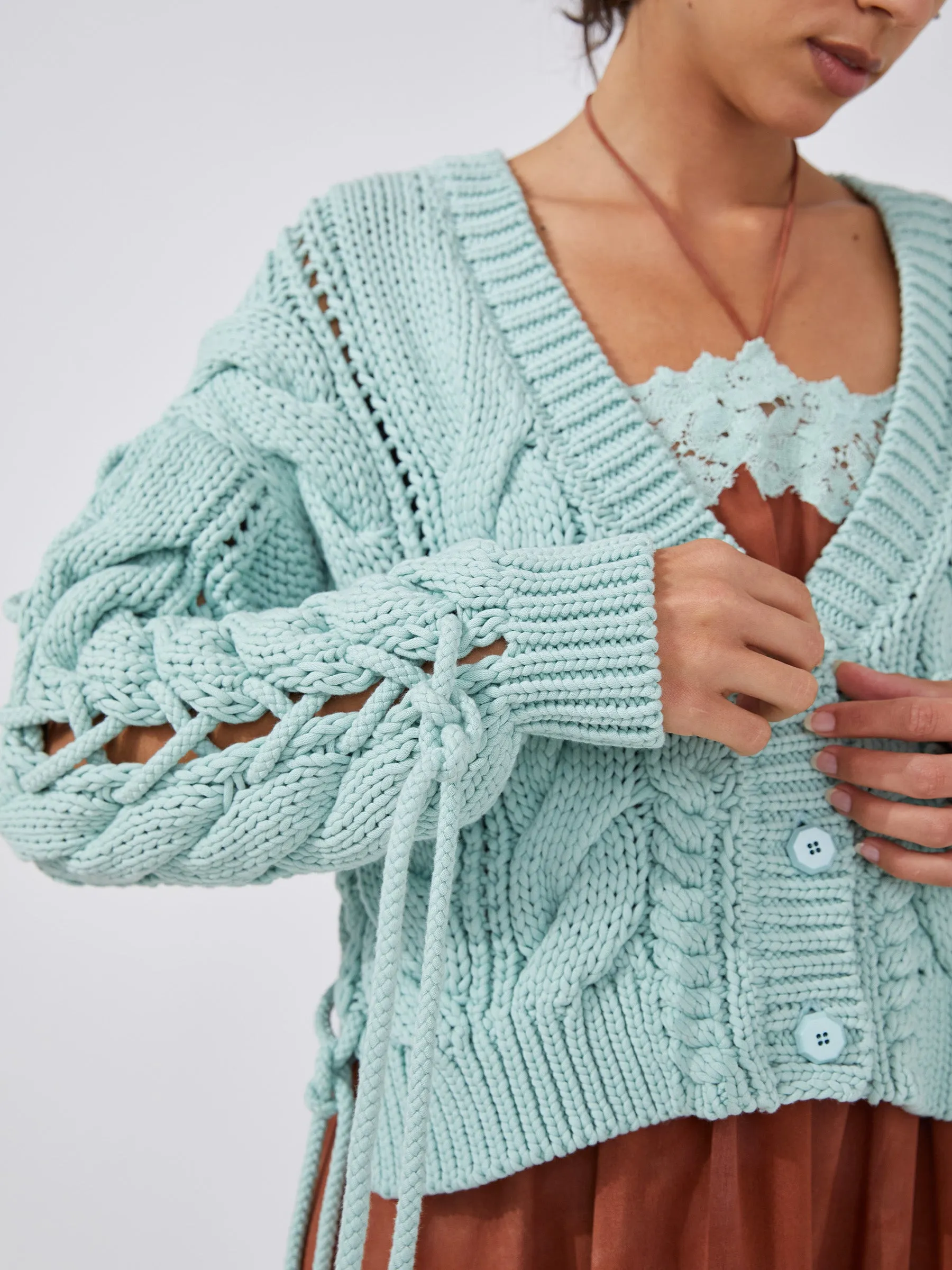 Cotton Lace Up Cardigan Celeste