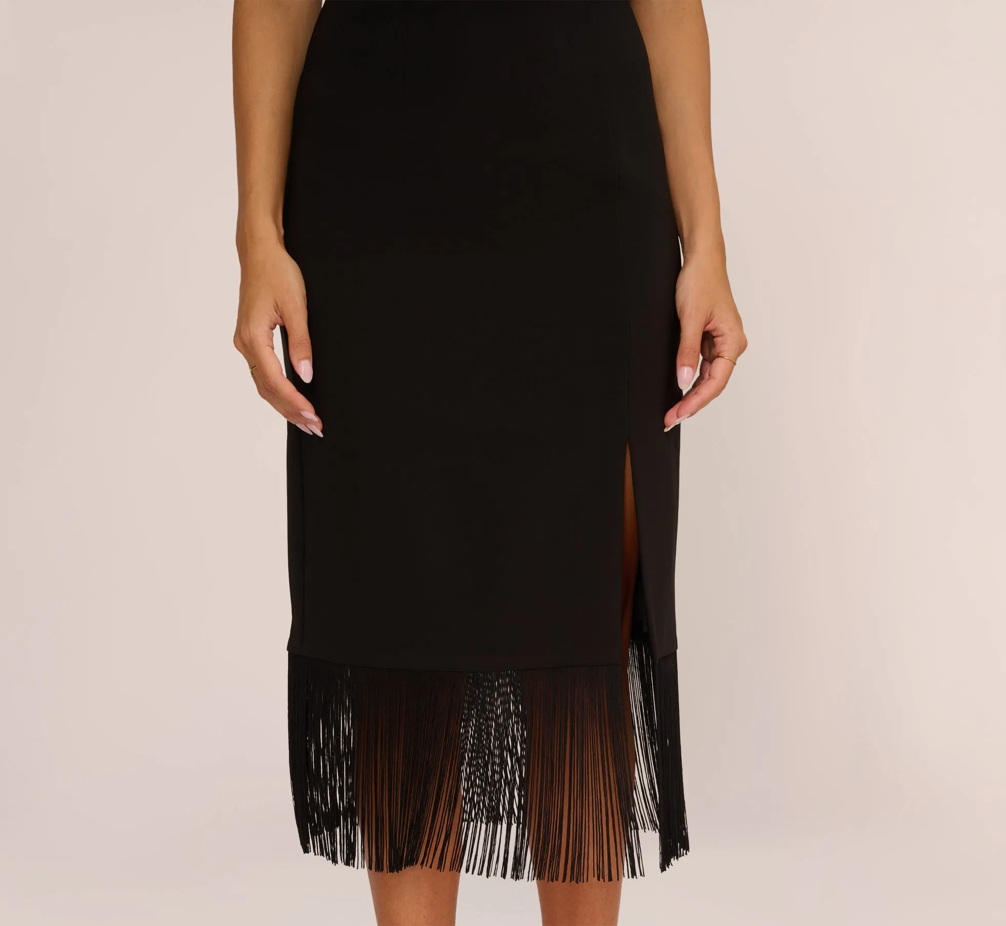 Crepe Popover Midi Dress With Fringe Trim In Black