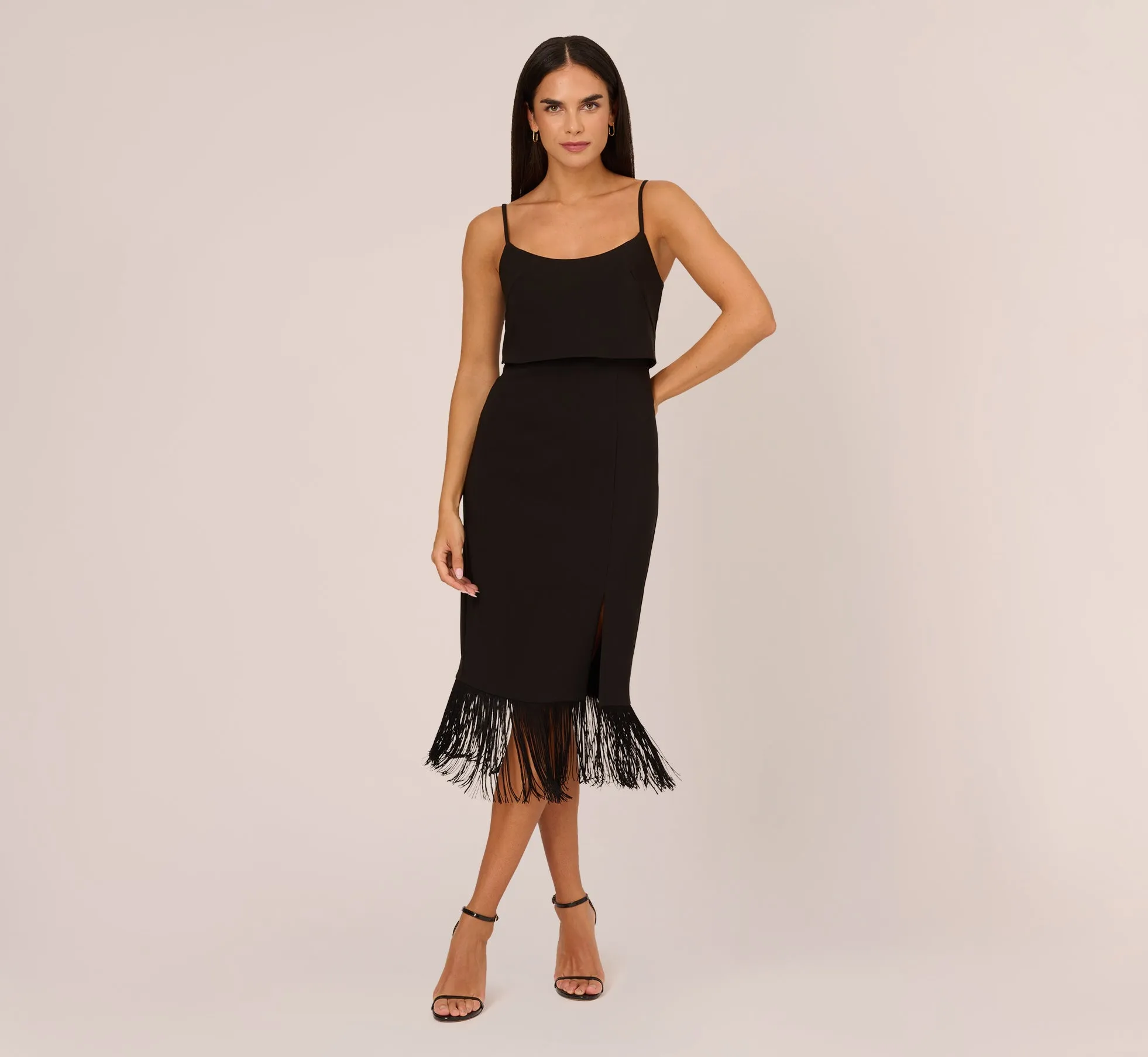 Crepe Popover Midi Dress With Fringe Trim In Black