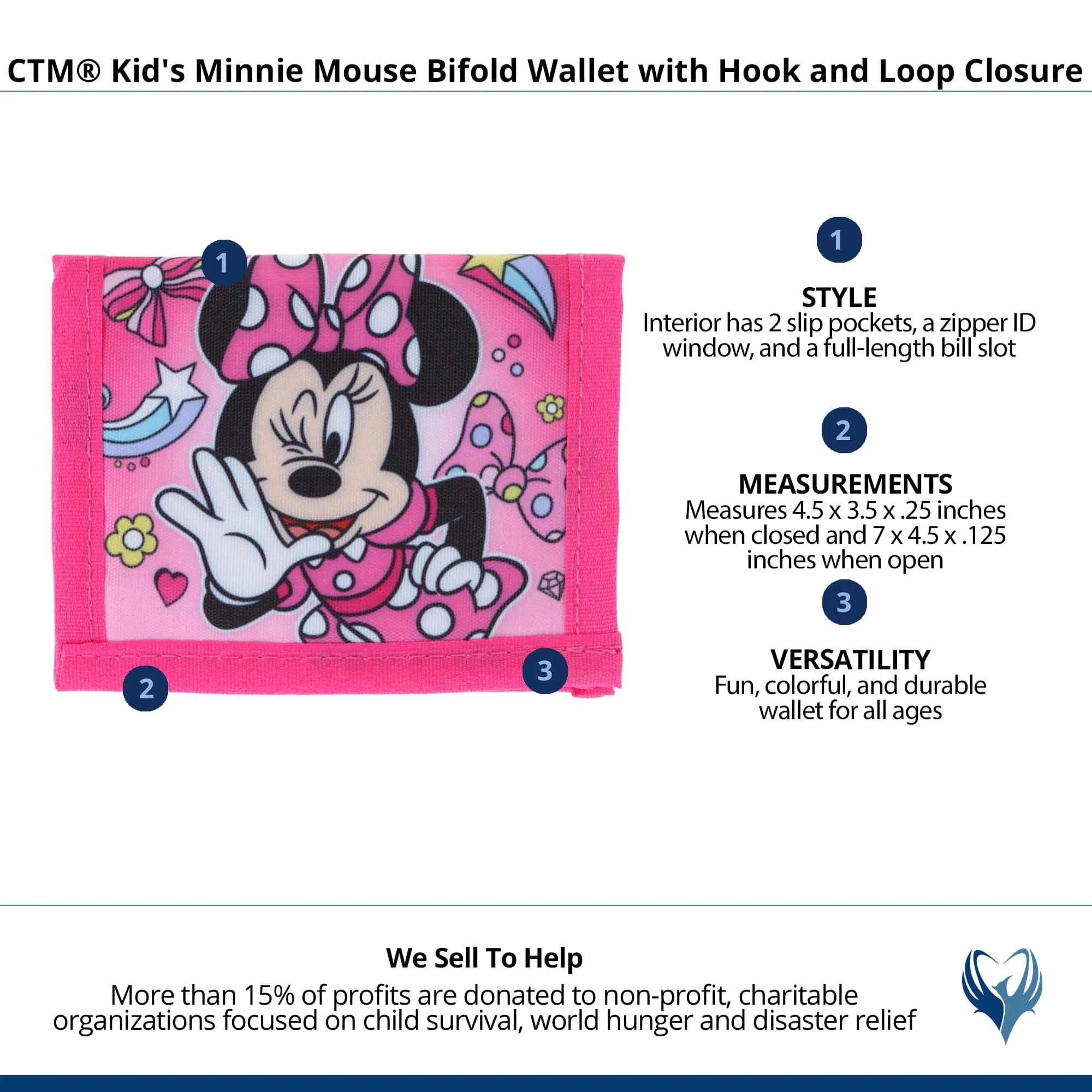 CTM® Kid's Minnie Mouse Bifold Wallet with  Hook and Loop Closure