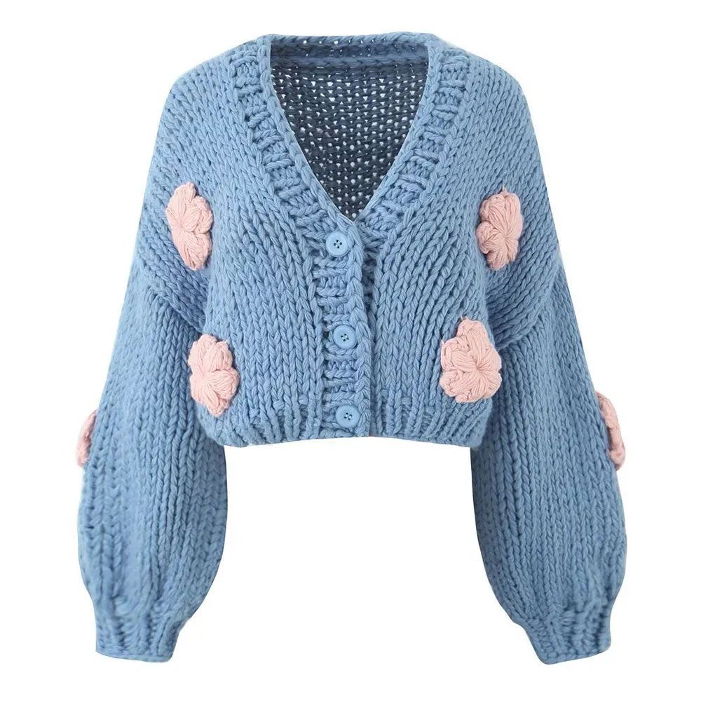 Cute Crochet Hand Knit Oversize Chunky Yarn 3D Flower Cropped Cardigan