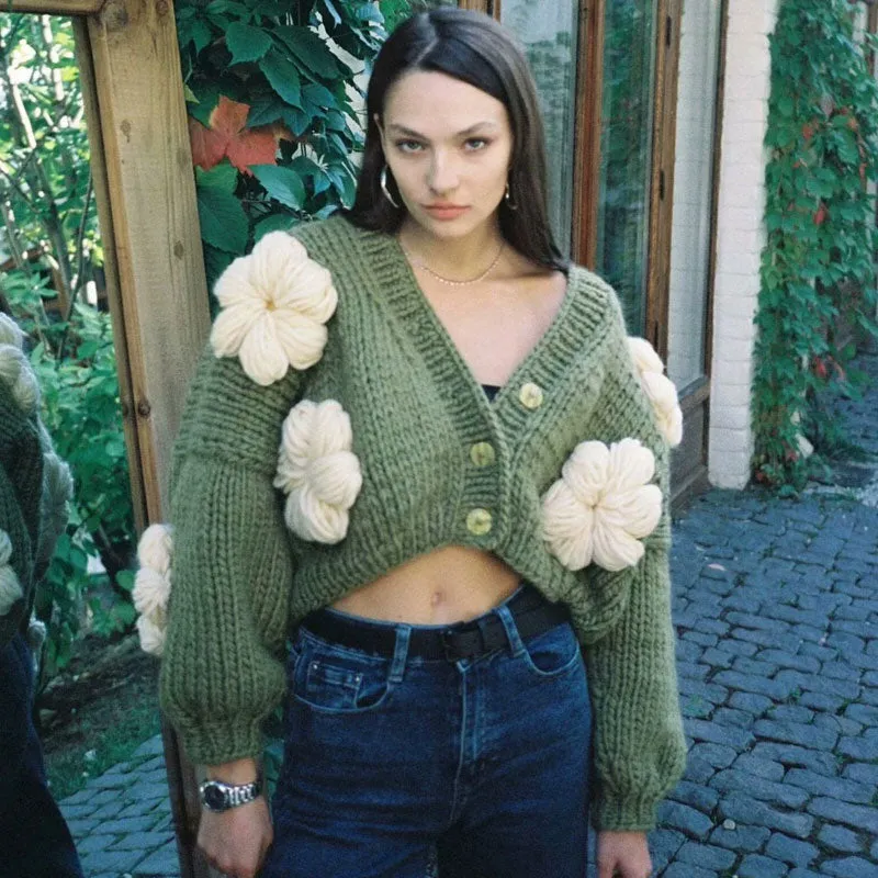 Cute Crochet Hand Knit Oversize Chunky Yarn 3D Flower Cropped Cardigan