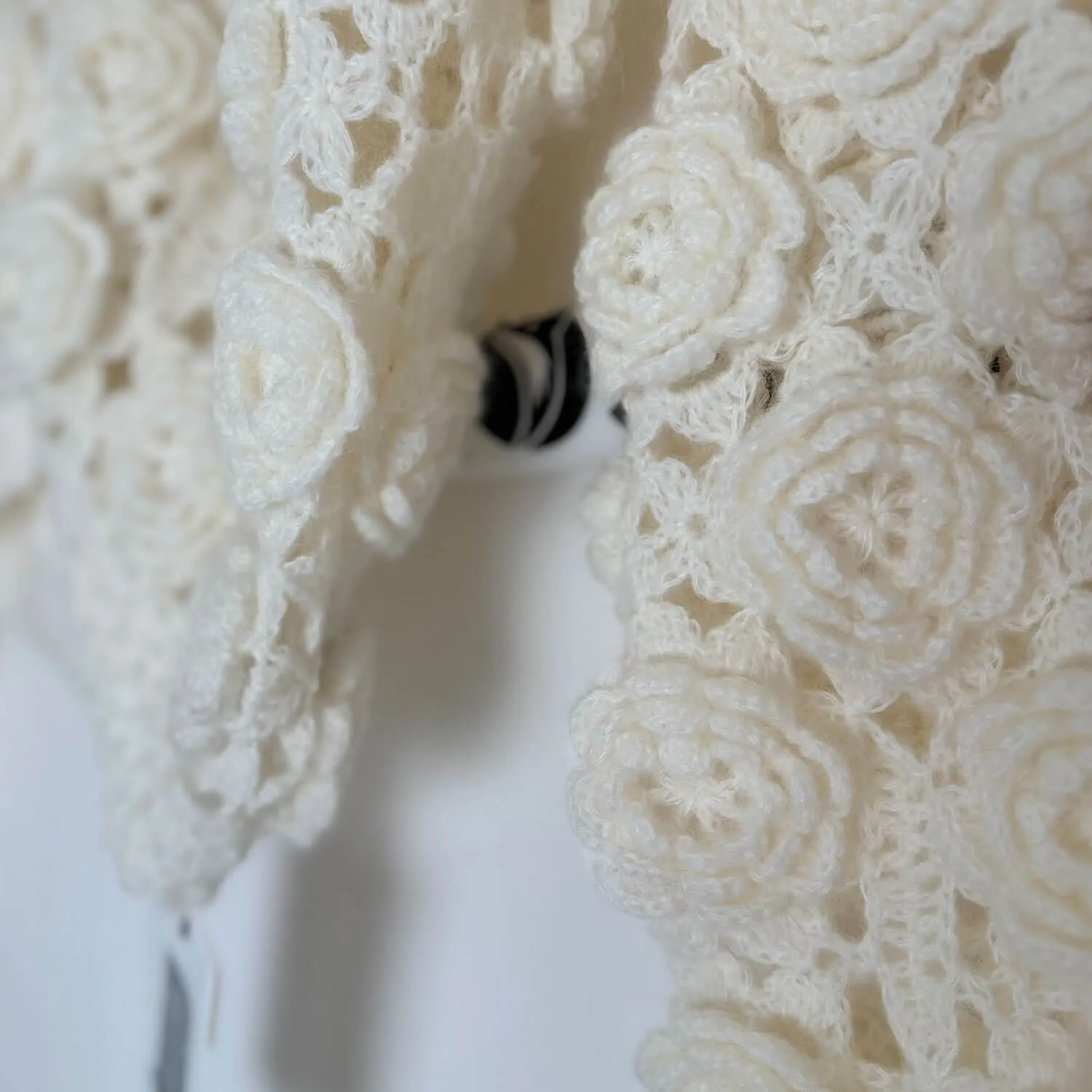 Cute White Rosette Crochet Hand Knit Button Up Wool Blend Crop Cardigan