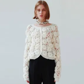 Cute White Rosette Crochet Hand Knit Button Up Wool Blend Crop Cardigan