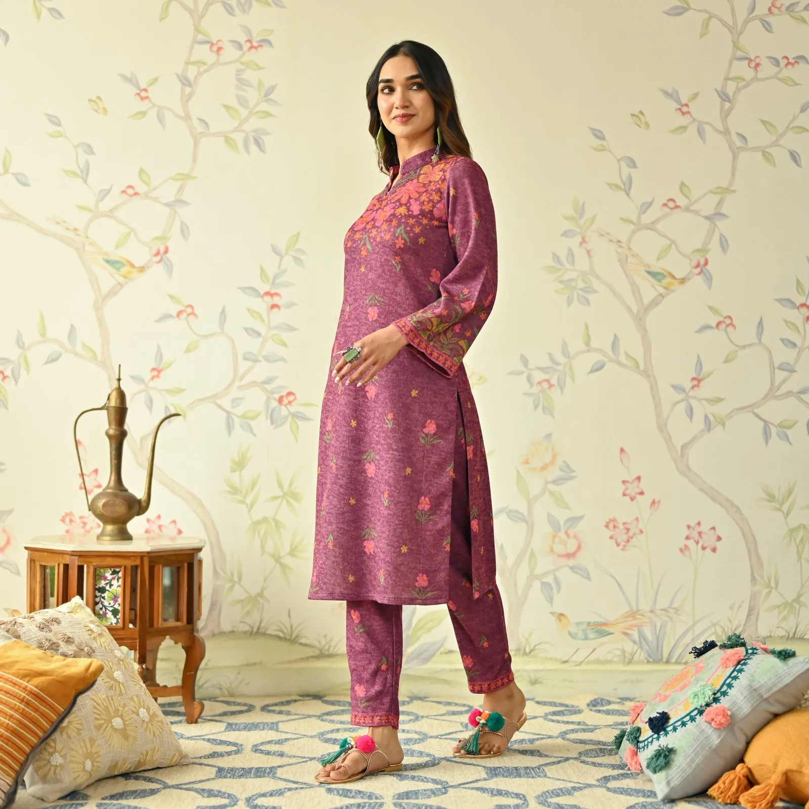 Dusty Pink Floral Woollen Kurta Set with Bell Sleeves