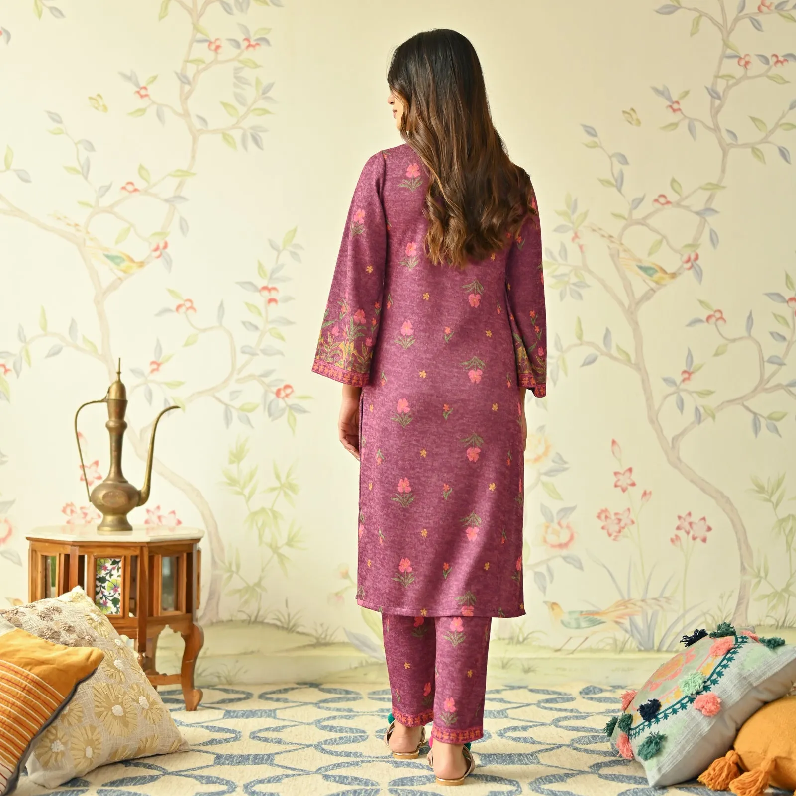 Dusty Pink Floral Woollen Kurta Set with Bell Sleeves