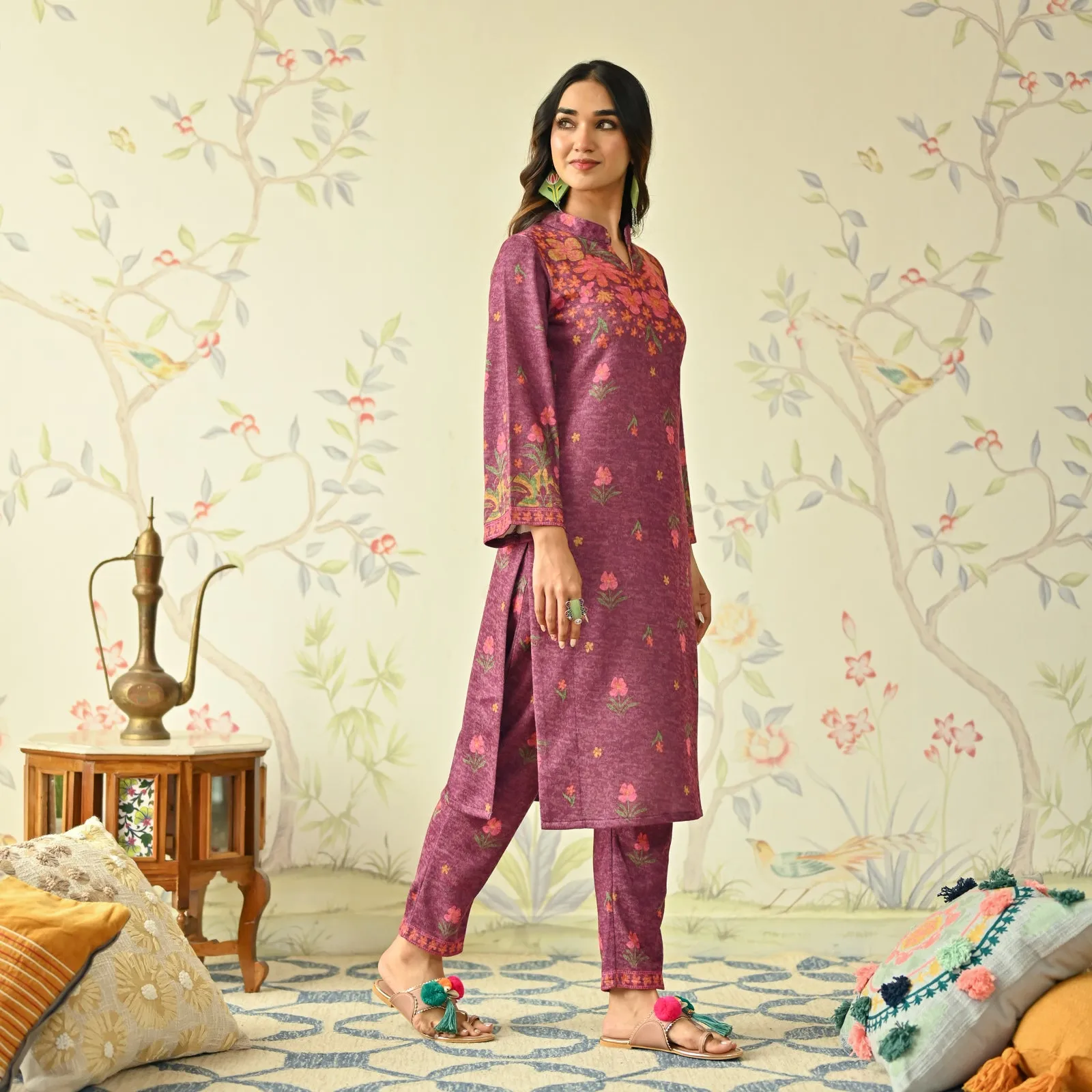 Dusty Pink Floral Woollen Kurta Set with Bell Sleeves