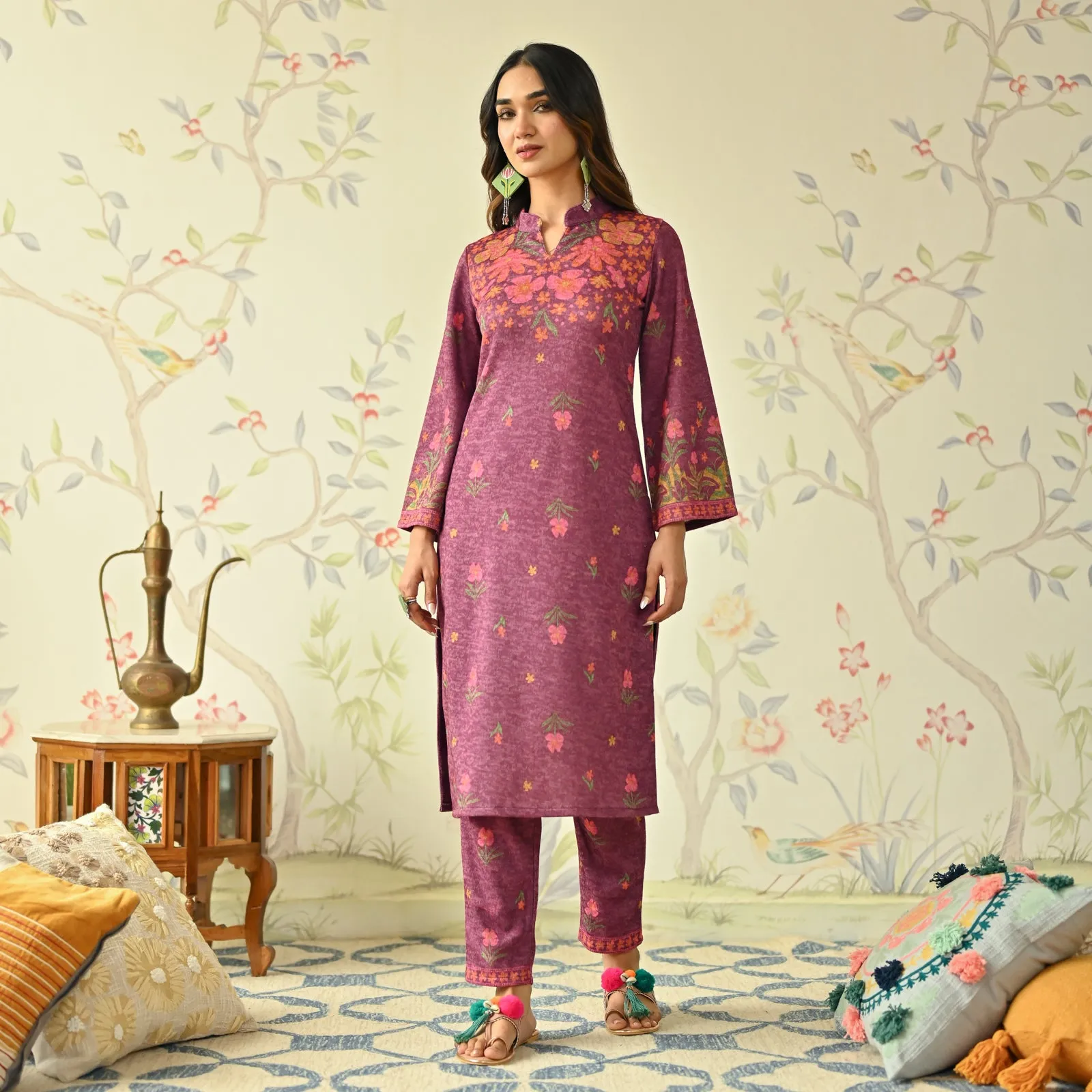 Dusty Pink Floral Woollen Kurta Set with Bell Sleeves