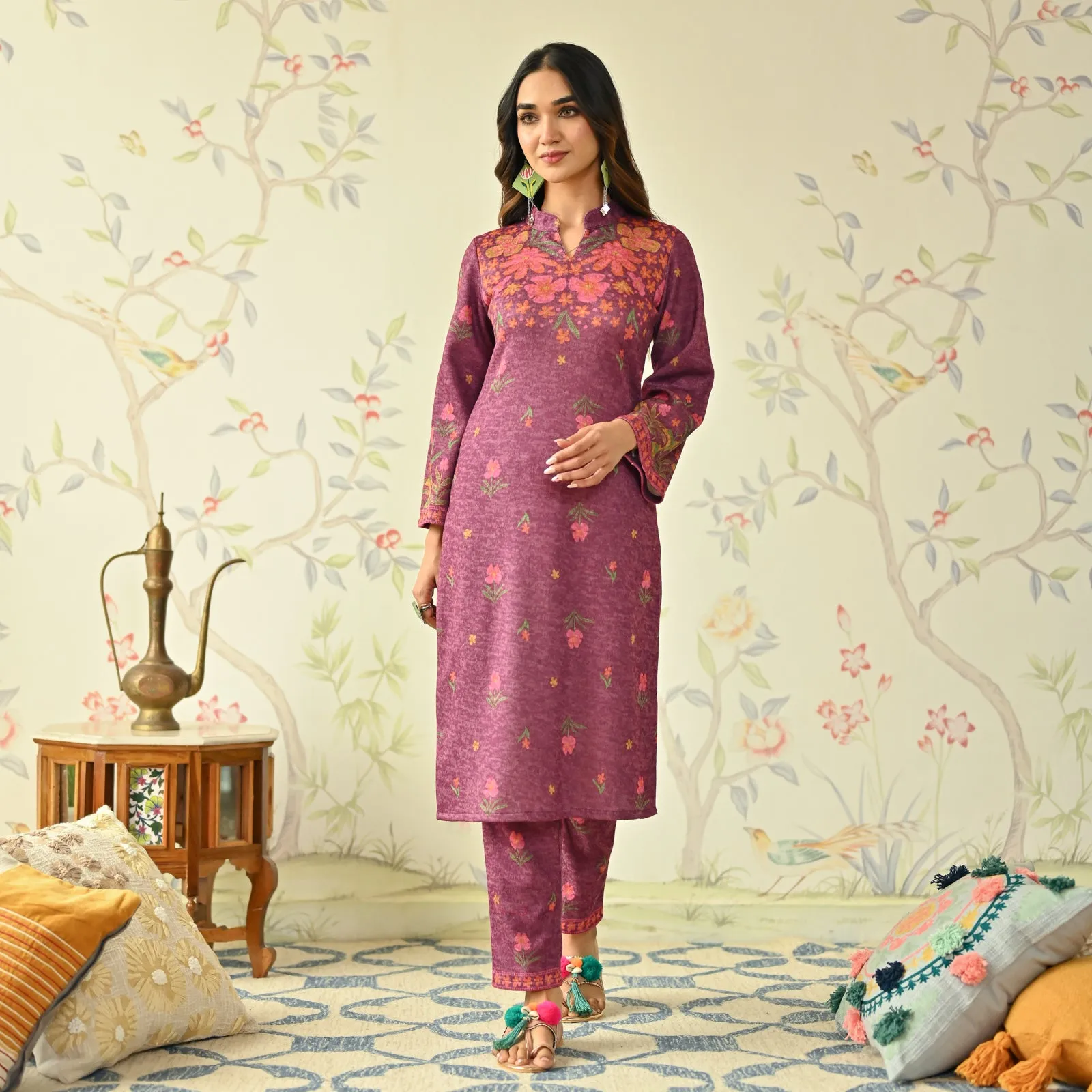 Dusty Pink Floral Woollen Kurta with Bell Sleeves