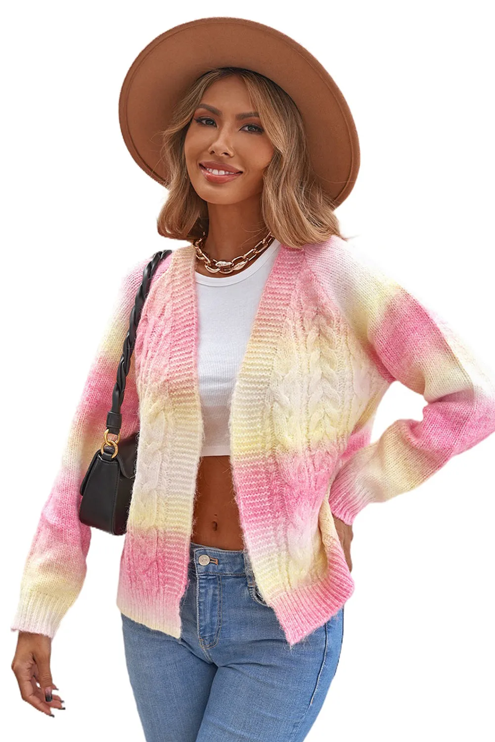 Fiery Red Gradient Open Front Colorblock Tie-dye Cardigan