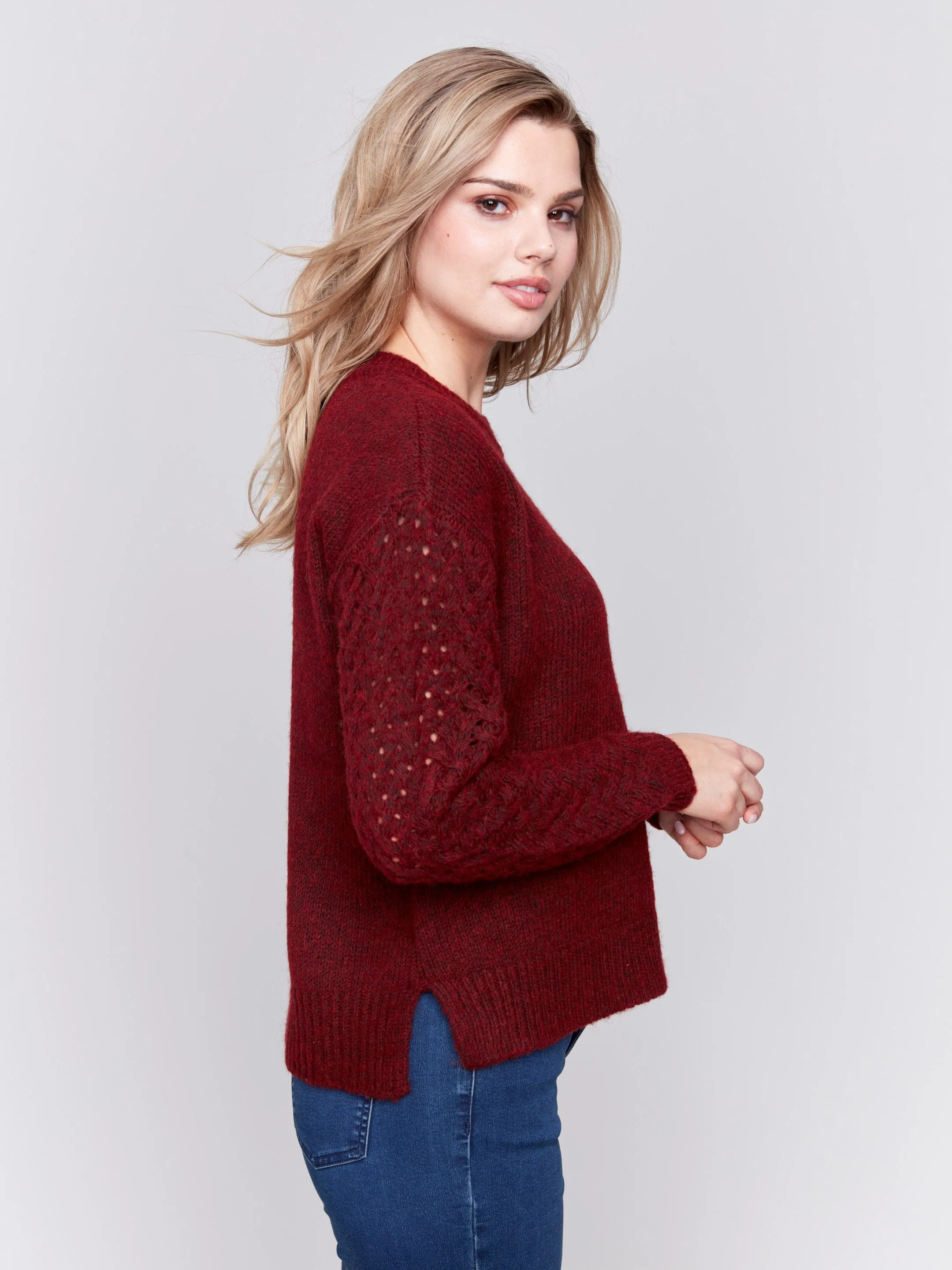 Fishnet Sleeve Crew Neck Sweater - Cabernet