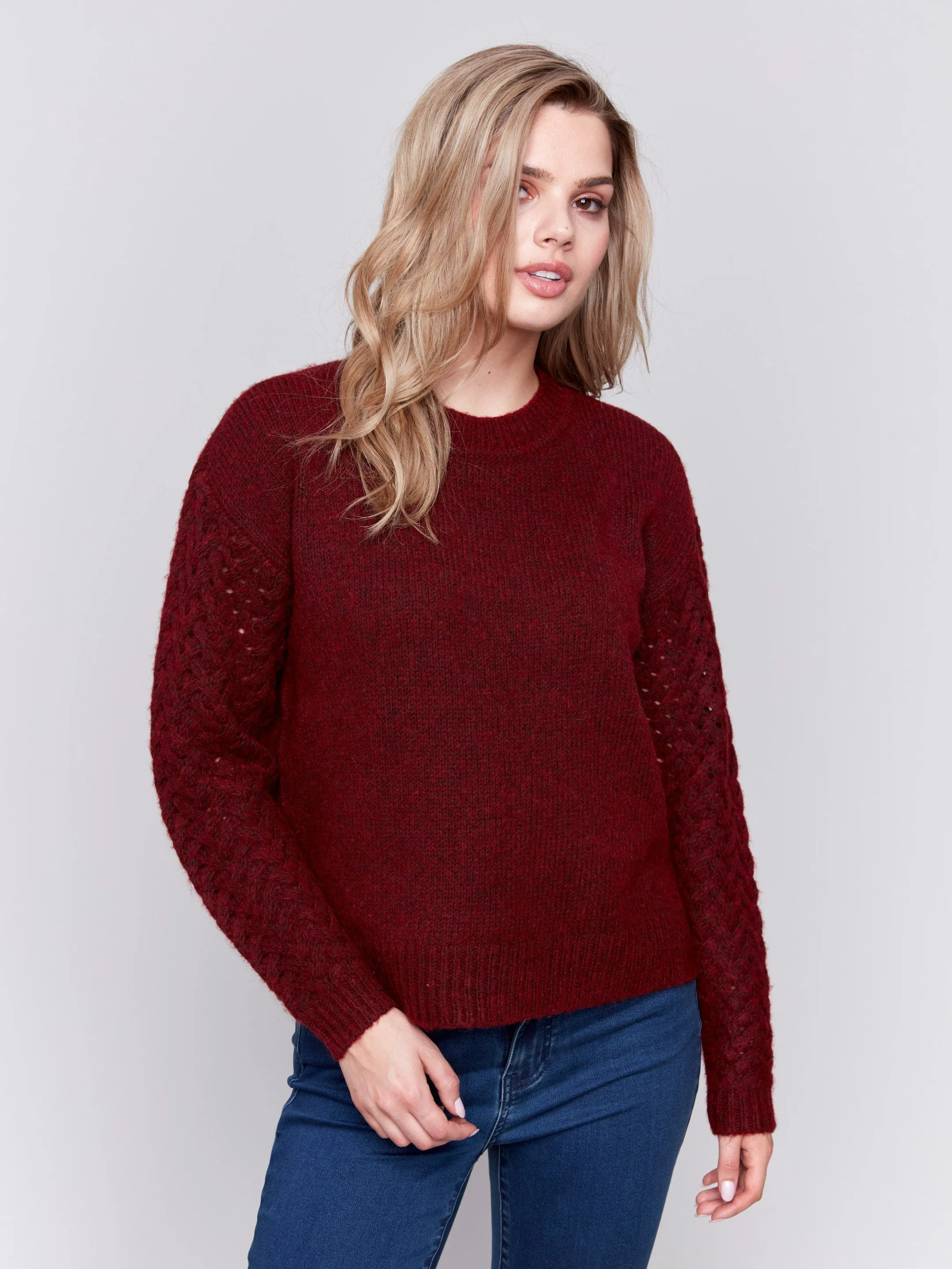 Fishnet Sleeve Crew Neck Sweater - Cabernet