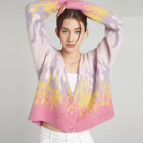 Fluffy Purple Mohair V Neck Button Down Oversized Flame Cardigan