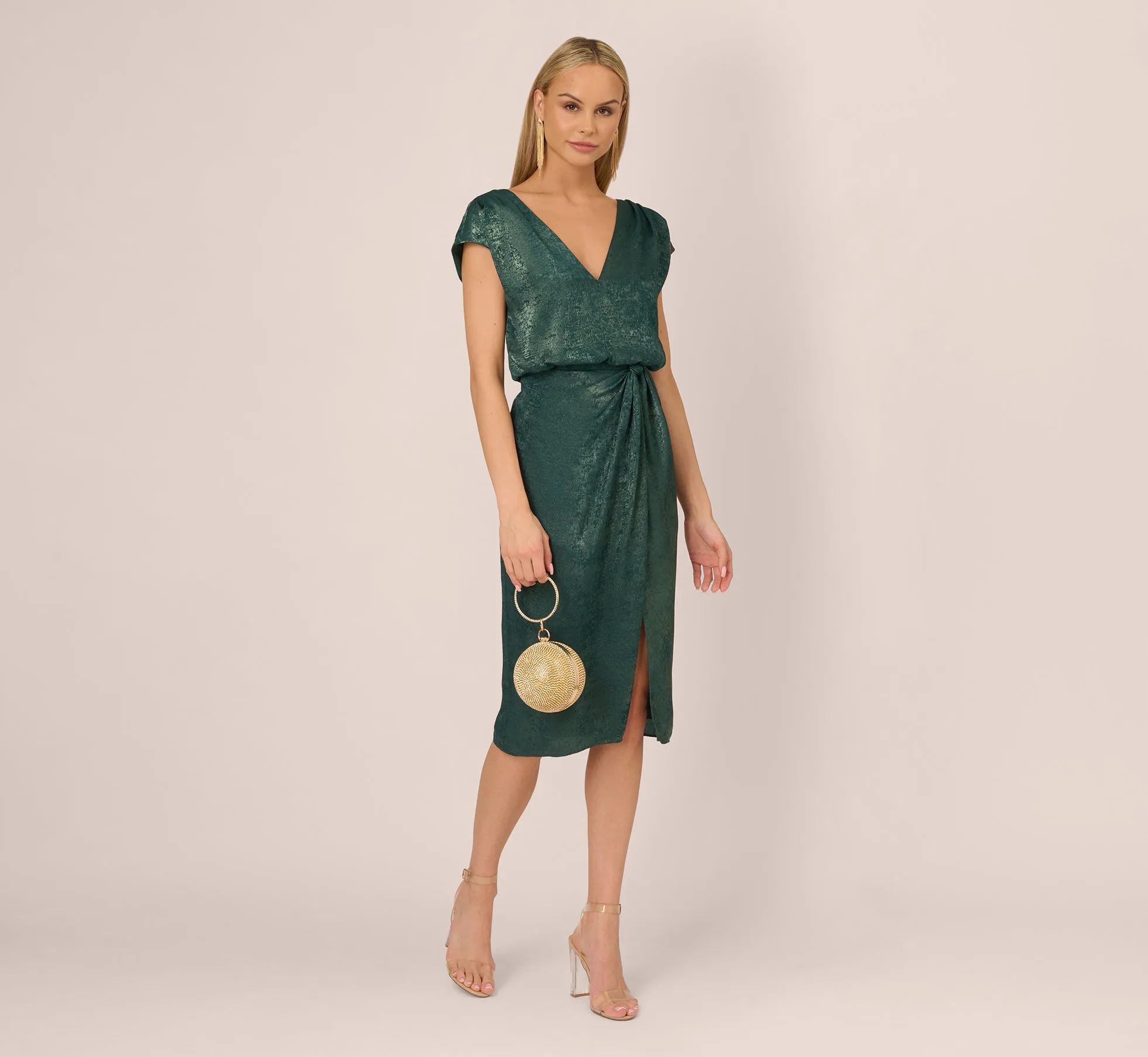 Foil Blouson Midi Dress With Faux Wrap Skirt In Dark Ivy