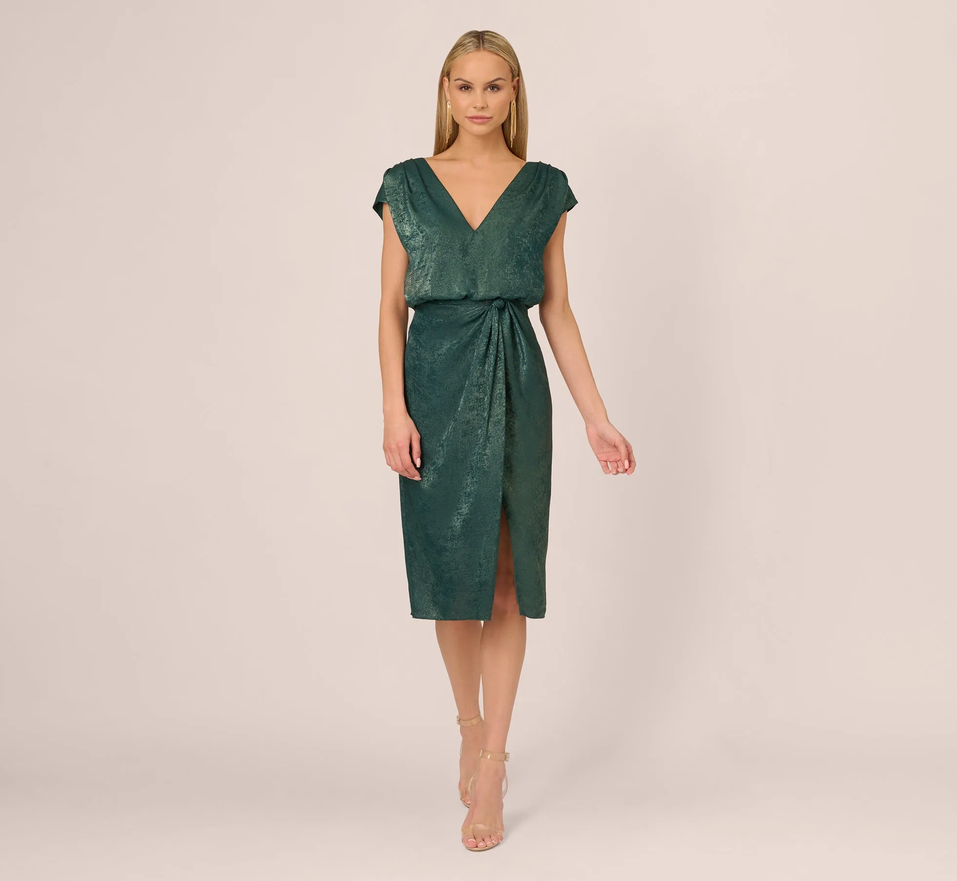 Foil Blouson Midi Dress With Faux Wrap Skirt In Dark Ivy