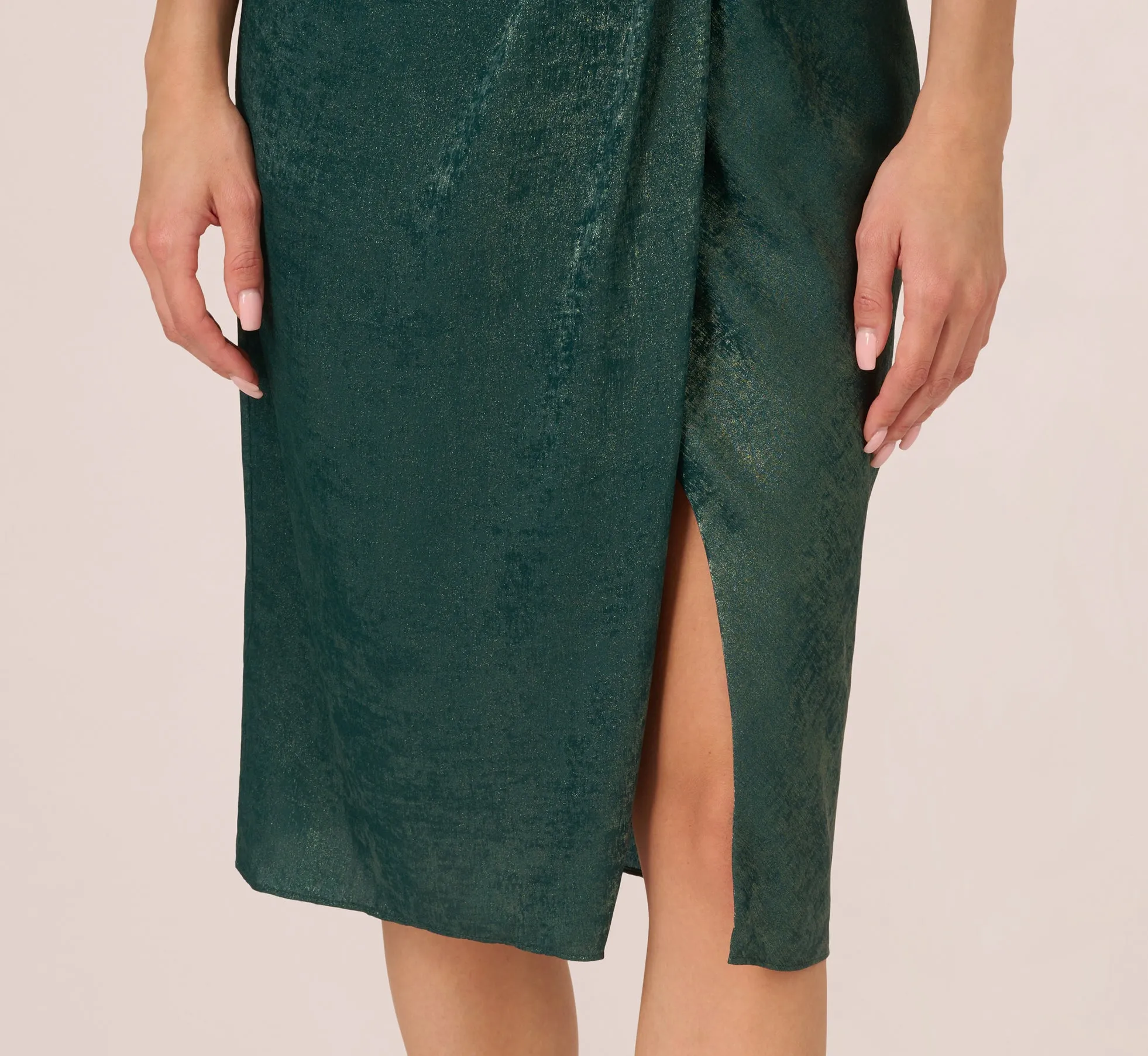 Foil Blouson Midi Dress With Faux Wrap Skirt In Dark Ivy