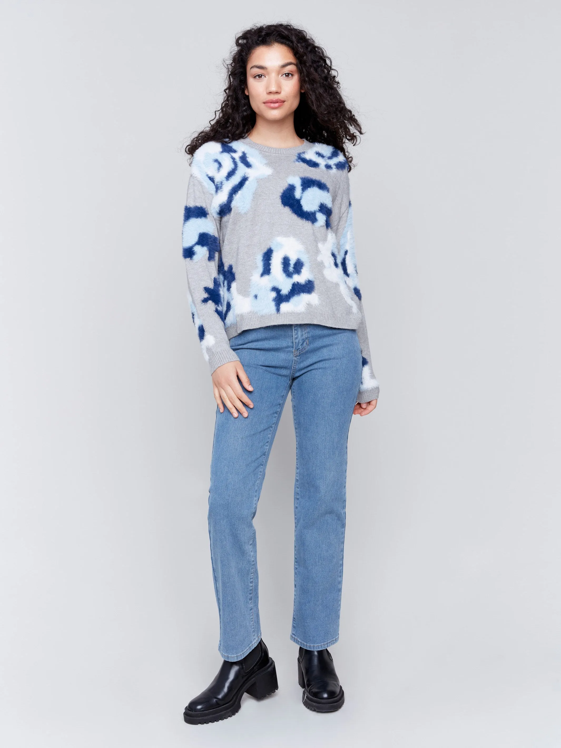 Fuzzy Floral Jacquard Knit Sweater - Light Grey