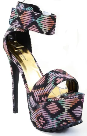 Geometric Print Open Toe Heel Platform Stiletto Pumps