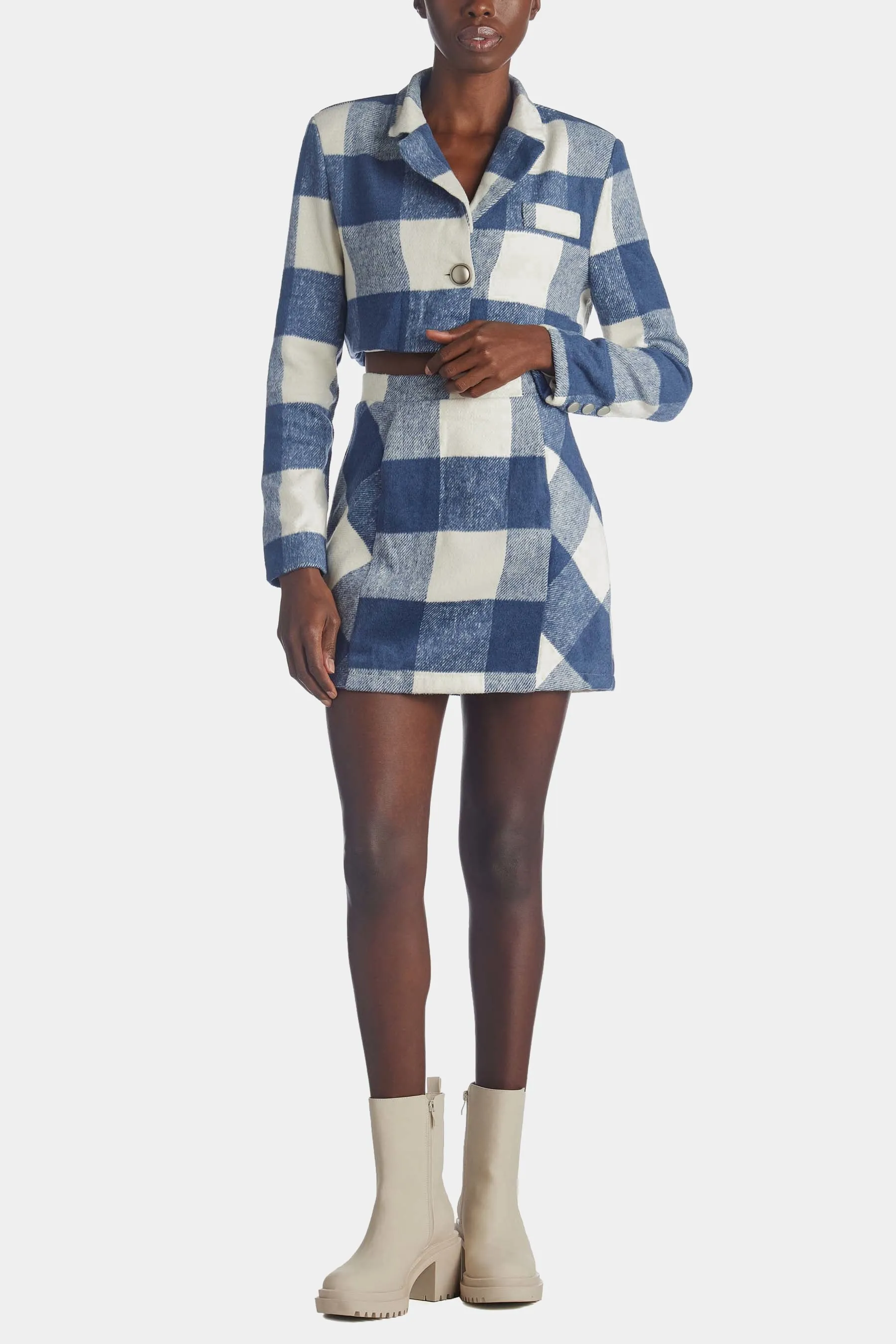 Gingham Plaid Cropped Blazer And Mini Skirt Set