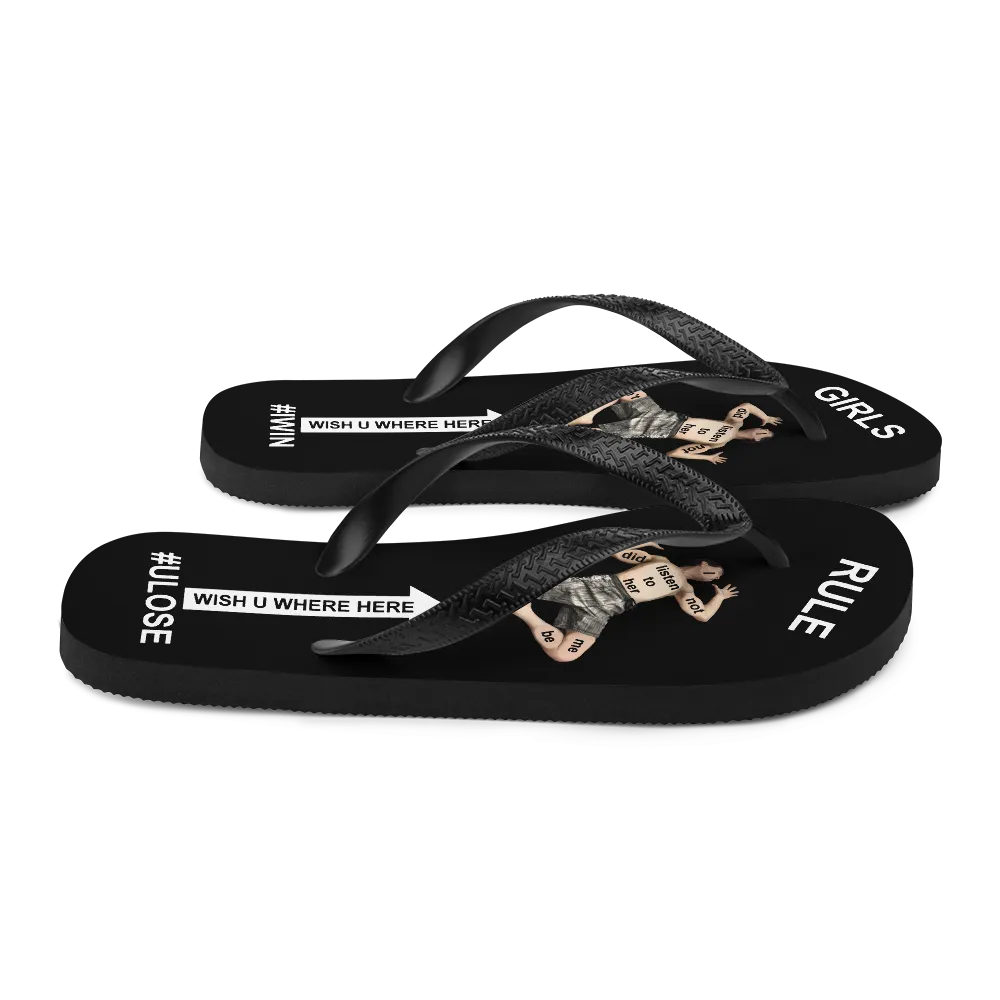 GIRLS RULE flip flops with CRUSHED TINY MAN underfoot black fabric NEW (2020-05-10)