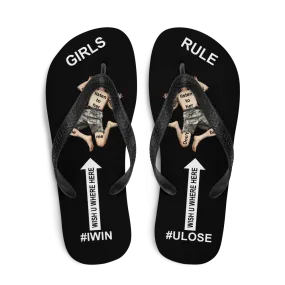 GIRLS RULE flip flops with CRUSHED TINY MAN underfoot black fabric NEW (2020-05-10)