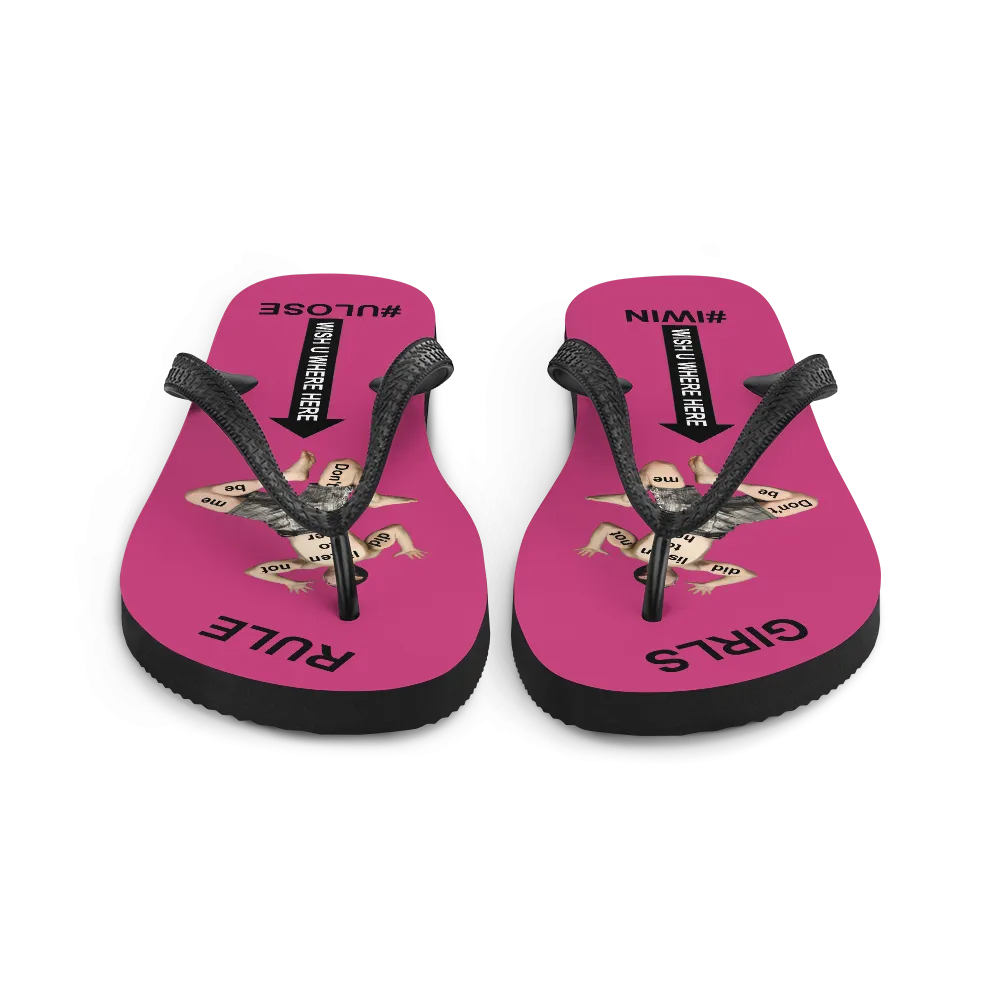 GIRLS RULE flip flops with CRUSHED TINY MAN underfoot magenta fabric NEW (2020-05-10)